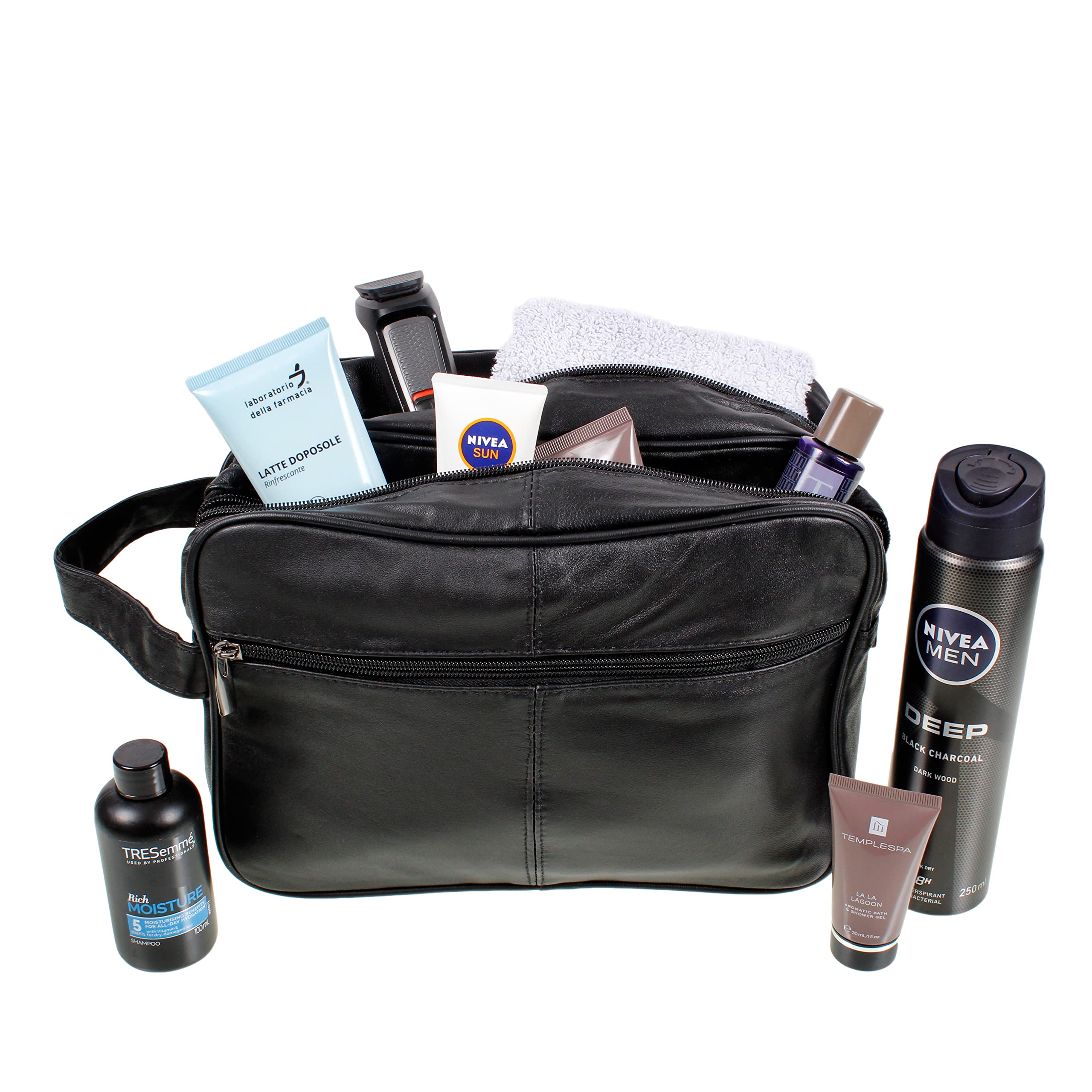Jumbo Extra Large Genuine Leather Toiletry Bag for Men - Premium Travel Wash Bag & Overnight Organizer (Black) - Perfect for Business Trips, Gym, Camping & Weekend Getaways