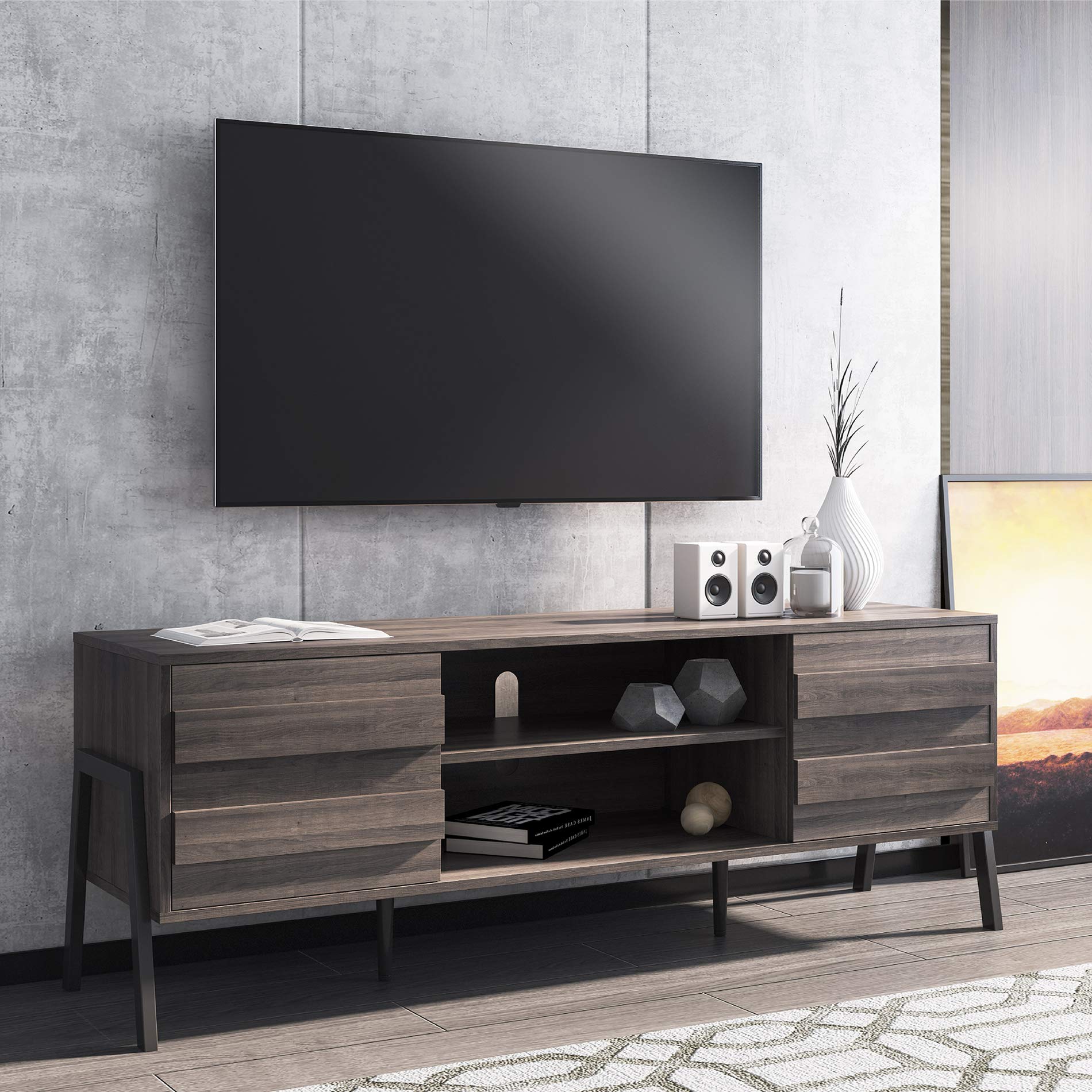 FITUEYES 60 Inch Mid-Century Modern TV Stand with Storage Cabinet - Retro Wood Entertainment Center for 65 Inch Flat Screen TVs - Espresso TV Console Table with Metal Legs for Living Room & Bedroom - Perfect for Home Theater Setup & Media Organization