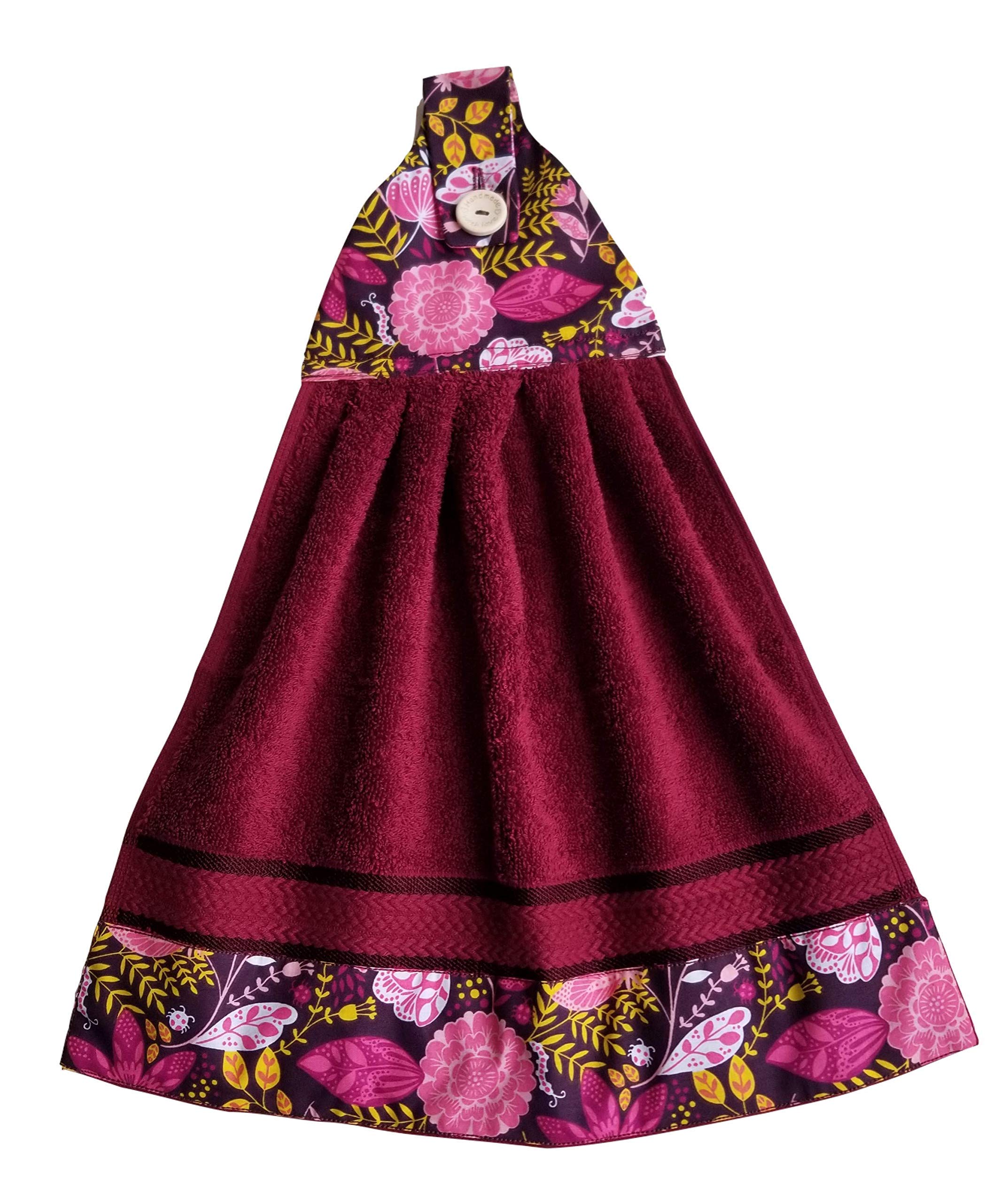 Burgundy Floral Kitchen Hanging Towel - Absorbent Oven Mitt & Wine Glass Drying Cloth - Perfect for Baking, Cooking & Dish Drying