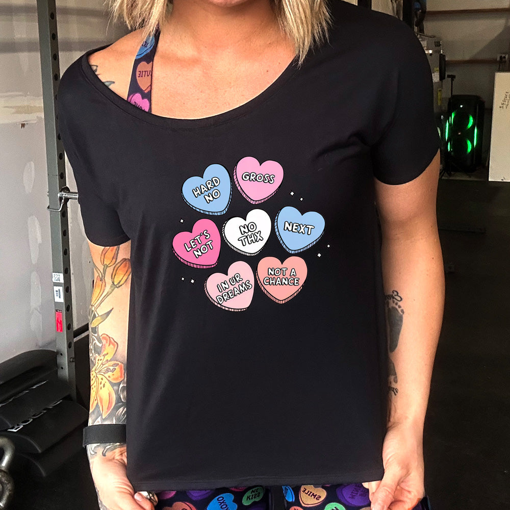 Funny Sarcastic Heart Candies Print Slouchy T-Shirt - Perfect for Casual Wear, Gifts & Humorous Outfits
