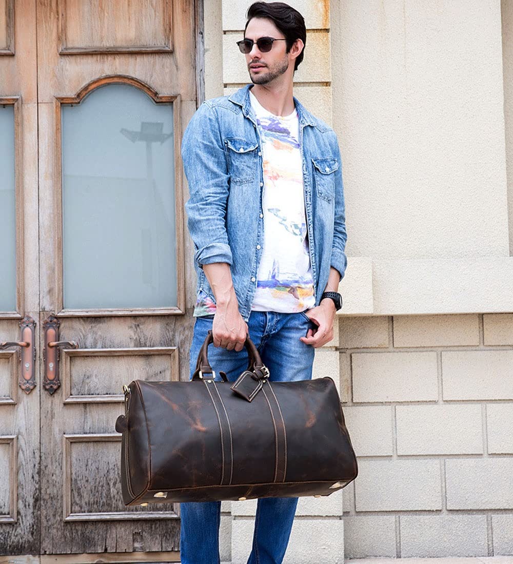 Premium Handmade Leather Duffel Bag - Stylish Carryall Weekender for Travel, Gym & Sports - Durable Overnight Bag for Men & Women (Brown) - Perfect for Business Trips, Weekend Getaways & Workout Sessions