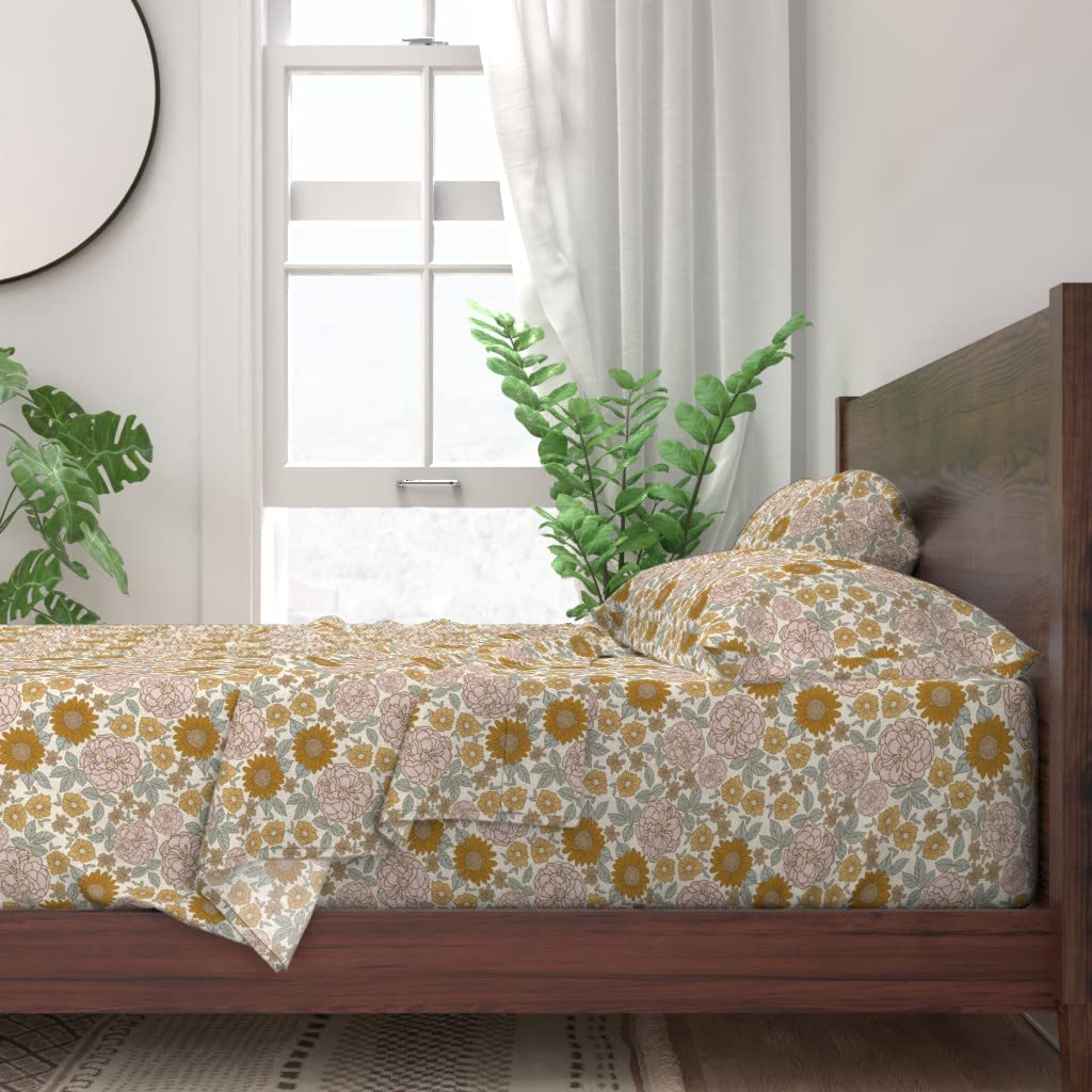 100% Cotton Twin Sheet Set 3pc - Rustic Floral Mustard Gold Bronze Blush Pink Country Flowers Print | Spoonflower Custom Bedding | Soft & Breathable for Cozy Bedroom Decor