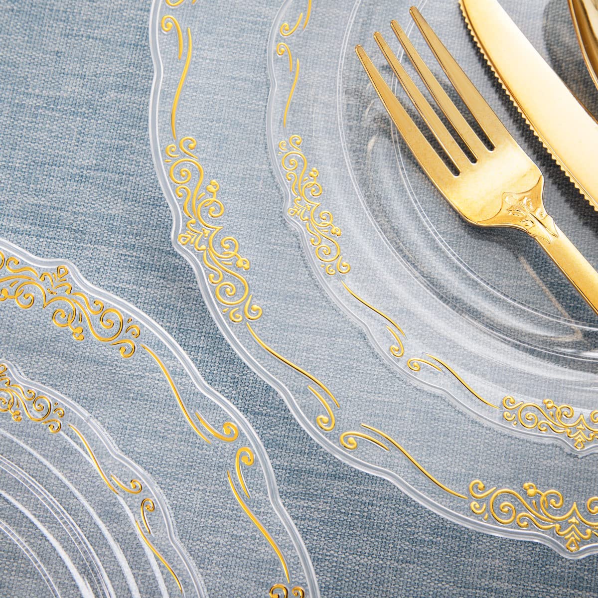 U-QE 175-Piece Gold Plastic Party Dinnerware Set - 25 Dinner Plates, 25 Dessert Plates, 25 Gold Cutlery, 25 9oz Cups & 25 Rolled Napkins - Elegant Disposable Tableware for Wedding, Birthday, Anniversary & Holiday Celebrations