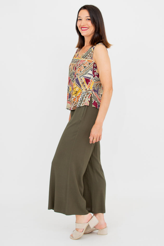 Havana Tank Top - Women's Tropical Print Linen Bamboo Blend Shirt for Summer Beach Vacation & Casual Outings