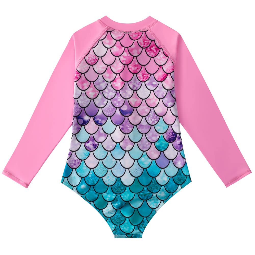 Girls Long Sleeve One Piece Swimsuits with Zipper Front - UPF 50+ Rash Guard Bathing Suit for Sun Protection - Perfect for Beach, Pool & Water Sports