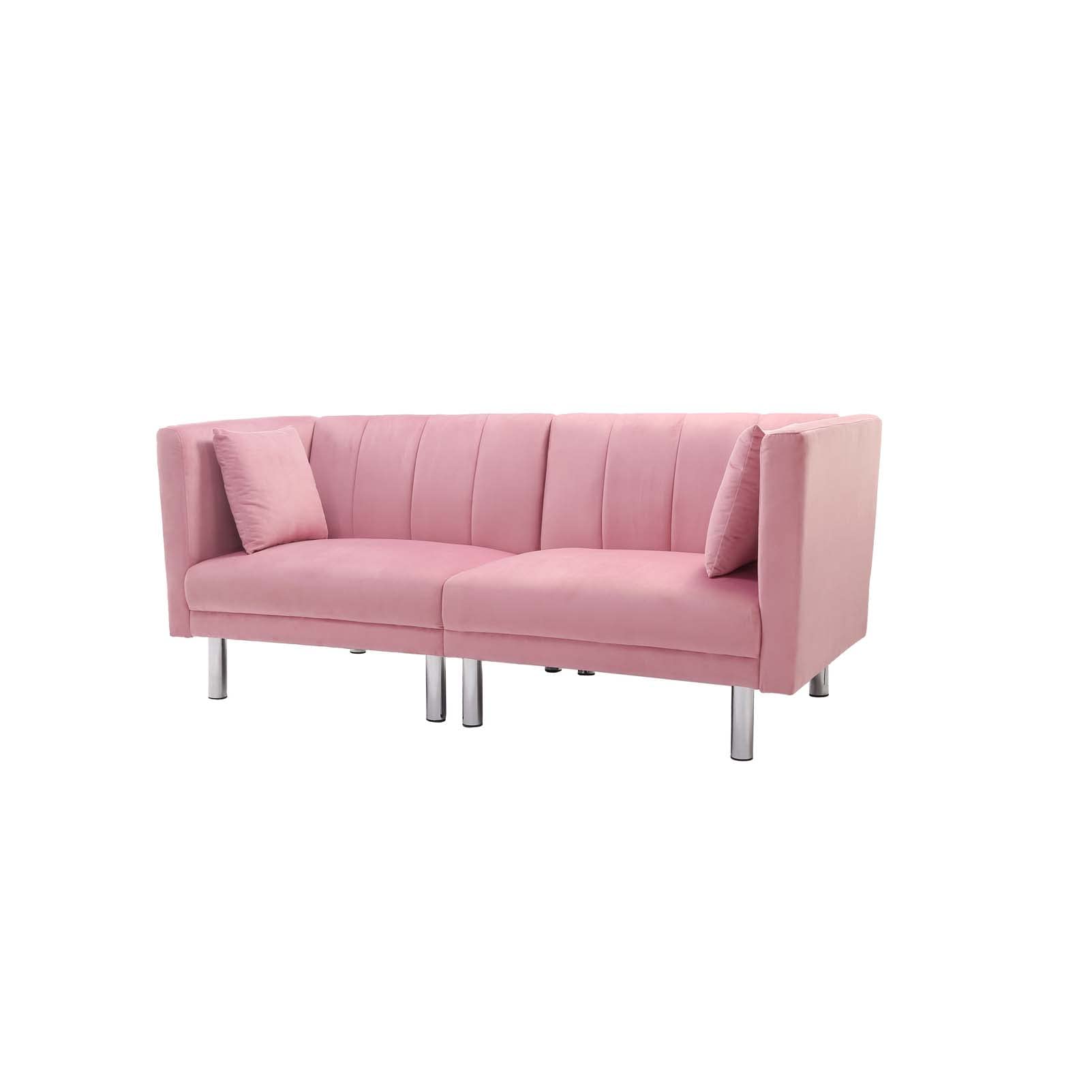 Velvet Convertible Futon Sofa Bed - Modern Upholstered Sleeper Loveseat with 2 Pillows & 8 Sturdy Legs | Space-Saving Folding Design for Small Apartments, Studios, Offices | Perfect for Guest Rooms, Dormitories & Home Theaters (Pink)