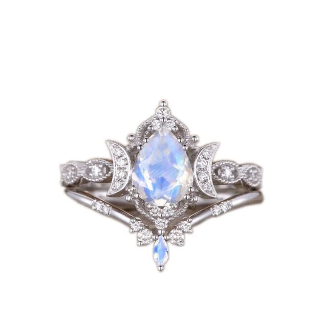 White Moonstone Engagement Ring Set - 925 Silver & Gold Vintage Wedding Rings for Women, Pear Shaped Moonstone & CZ Diamond Floral Design (2Pcs) - Perfect for Proposals, Anniversaries & Romantic Occasions