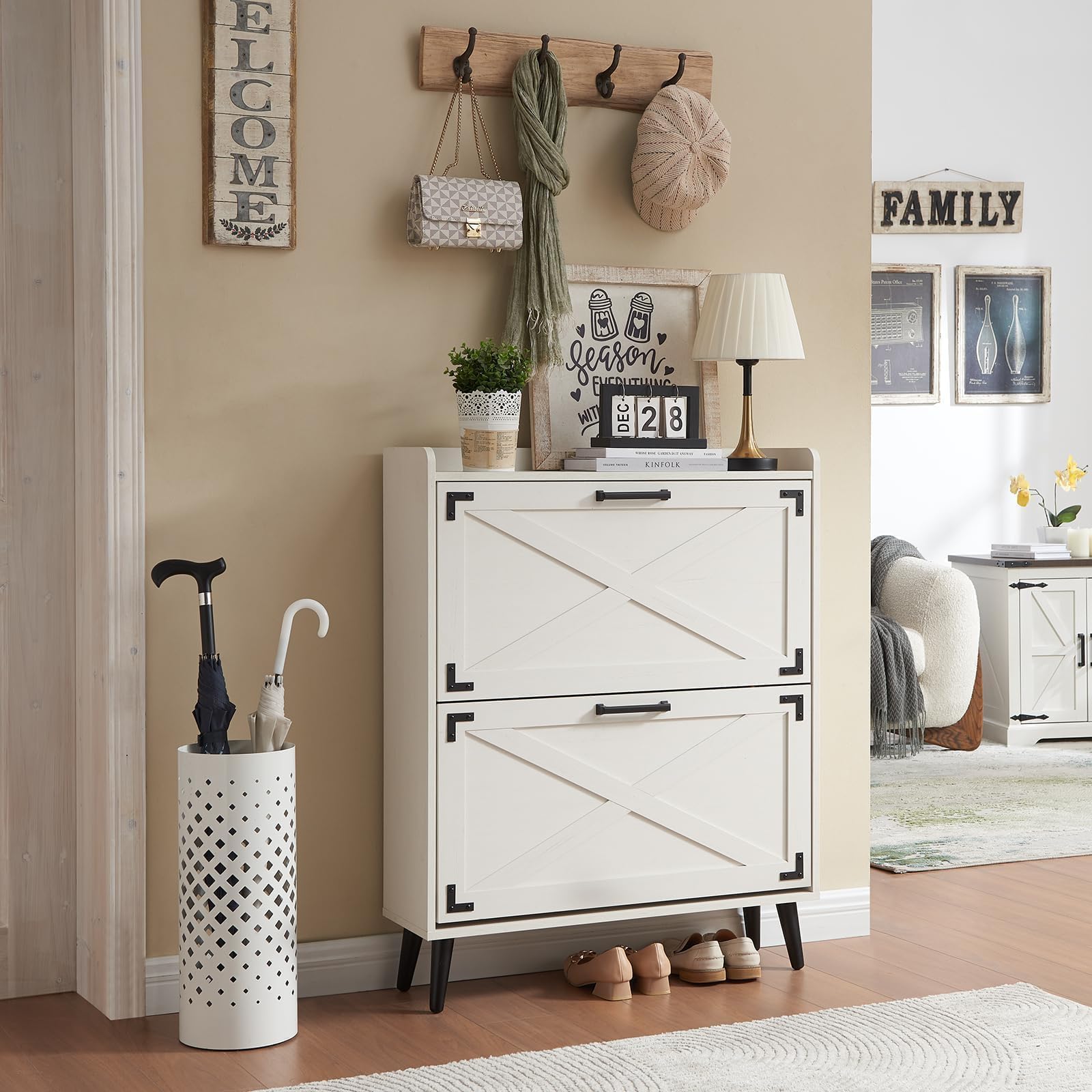 Farmhouse Shoe Storage Cabinet with 2 Flip Drawers & Barn Door Design - Freestanding Hidden Slim Narrow Shoe Rack Organizer for Entryway, Foyer, Hallway - Antique White - Perfect for Small Spaces & Home Organization