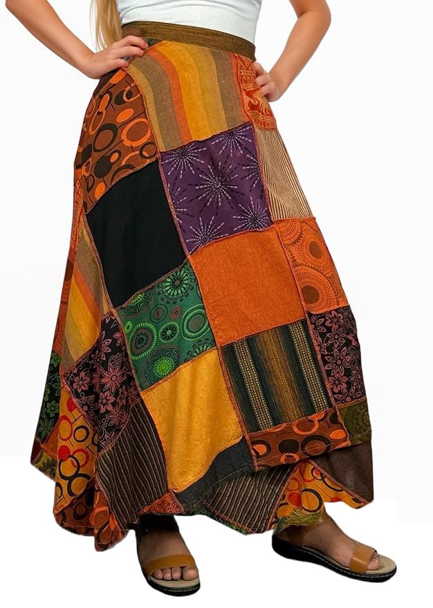 Boho Maxi Skirt for Women - 2025 Spring & Fall High Waisted Long Skirt with Patchwork & Tie-Up Design | Perfect for Beach Cover Up, Music Festivals & Bohemian Style Outfits