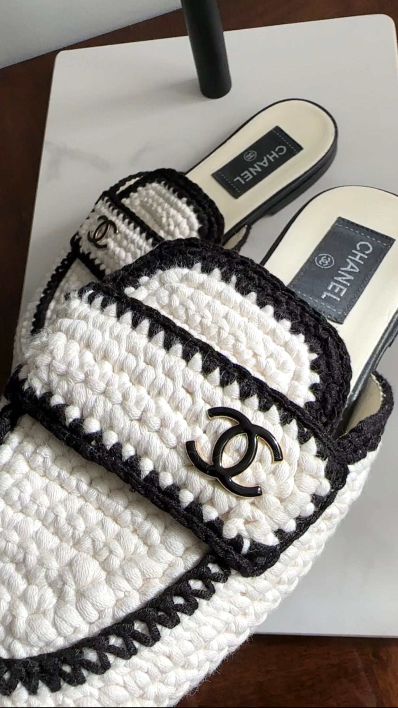 Chanel 2023 Black & White Knit CC Logo Mules - Size 37 | Luxury Designer Slip-On Shoes for Women | Perfect for Casual Outings & Office Wear