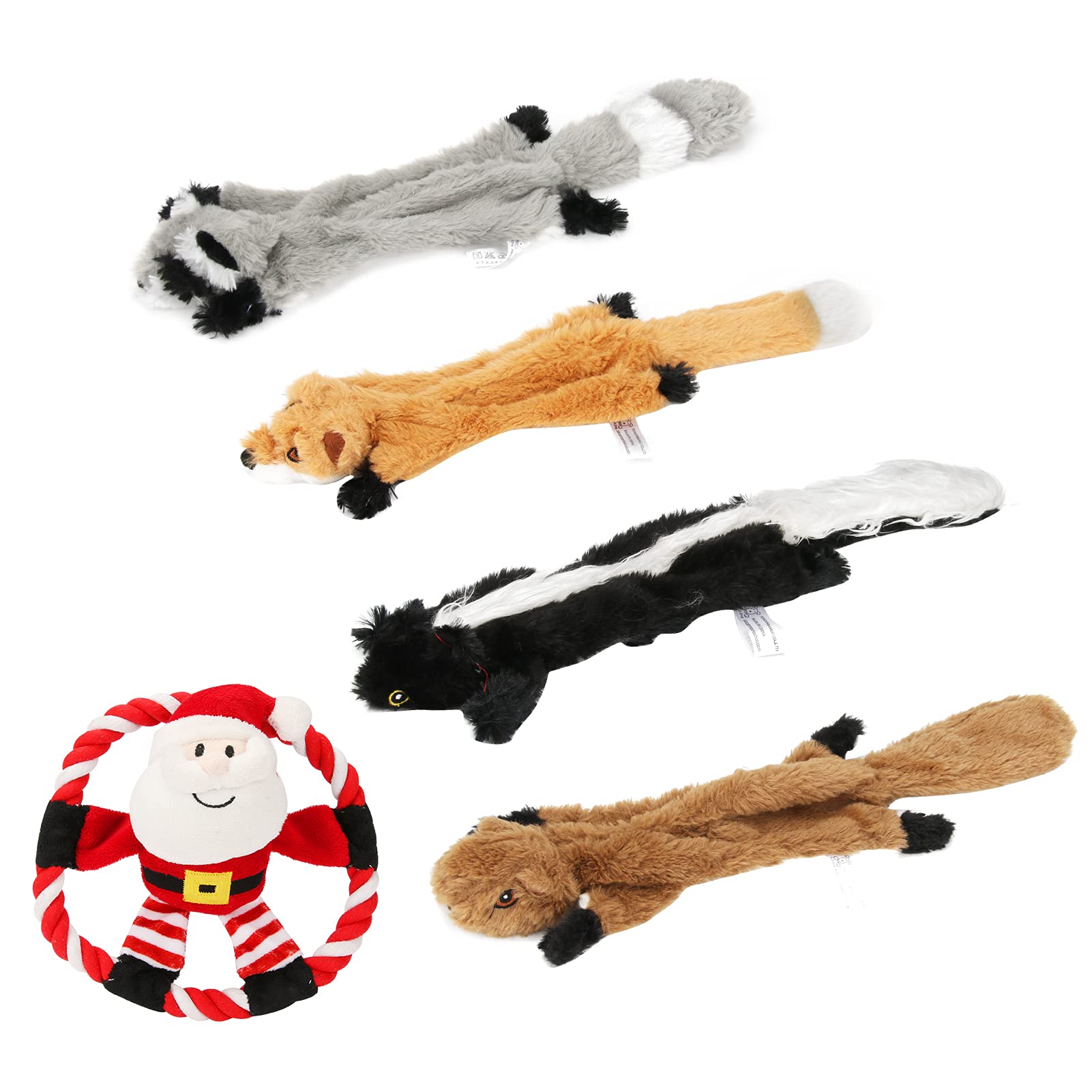 Durable Squeaky Dog Toys for Small Dogs - 5 Pack No Stuffing Interactive Chew Toys (Skunk, Squirrel, Raccoon, Fox, Santa) - Soft Puppy Training Toys for Indoor & Outdoor Play, Fetch Games, and Teething Relief