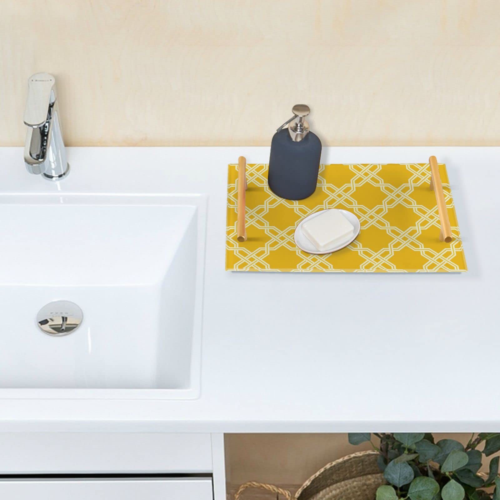 Handcrafted Moroccan Decorative Tray with Gold Handles - Vanity Organizer for Jewelry, Perfume & Makeup | Bathroom, Bedroom & Kitchen Storage Tray | Perfect for Coffee Table, Dresser & Home Decor
