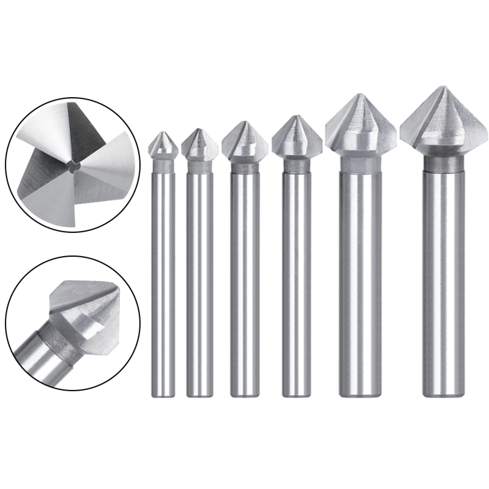 ALEYHA 6-Piece HSS 90 Degree Chamfering Cutter Set - 3 Flute End Mill Countersink Drill Bits (6.3-20.5mm) for Metalworking, Woodworking & DIY Projects