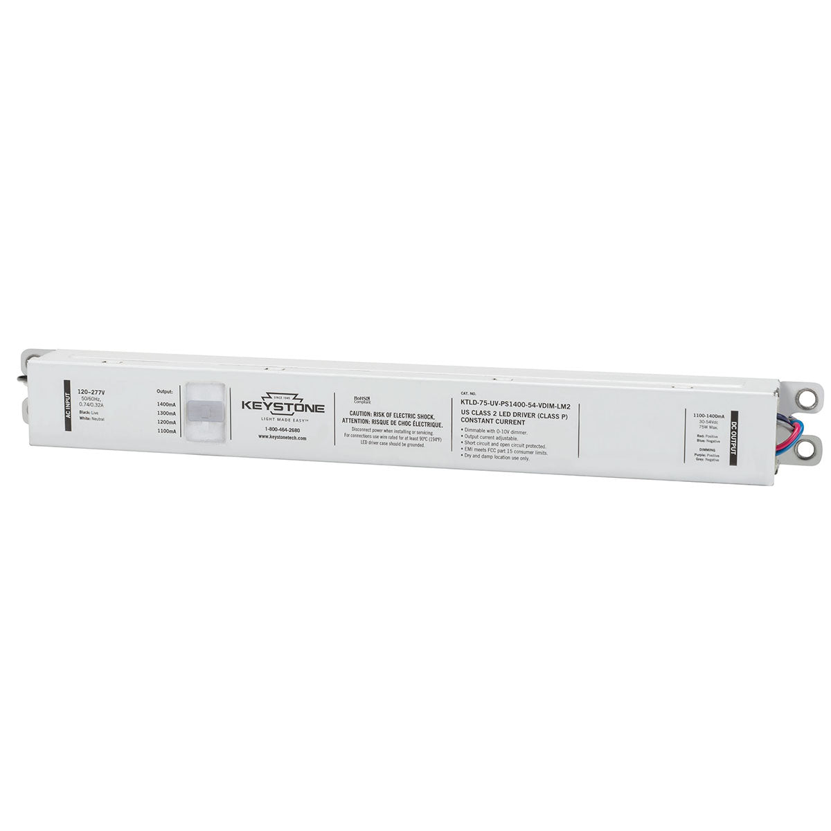 75W LED Driver with Selectable Current 1100/1400mA, 0-10V Dimming, 120-277V Input - Perfect for Commercial Lighting & LED Retrofit Projects