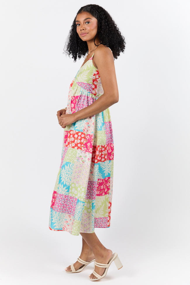 Pieces That Complete Me Multi Patchwork Babydoll Midi Dress - Floral Print Summer Dress for Women, Boho Chic Party Outfit, Beach Wedding Guest Dress