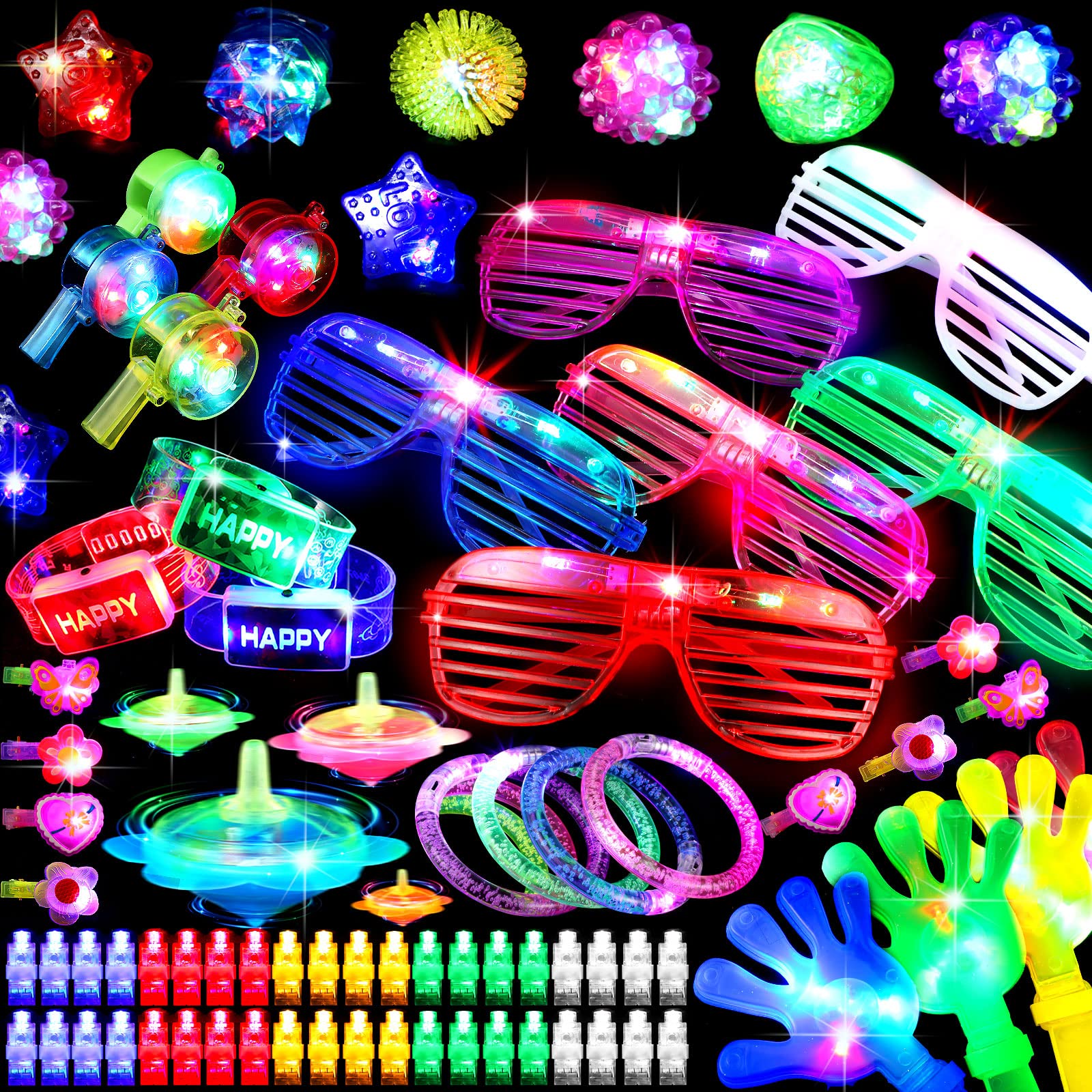 225-Piece LED Light Up Party Favors Bulk Set - Flashing Glasses, Finger Lights, LED Bracelets, Hairpins, Rings & Glowing Clappers - Glow in the Dark Party Supplies for Adults, Kids, Boys & Girls - Perfect for Birthday Parties, Raves, Concerts & Night Events