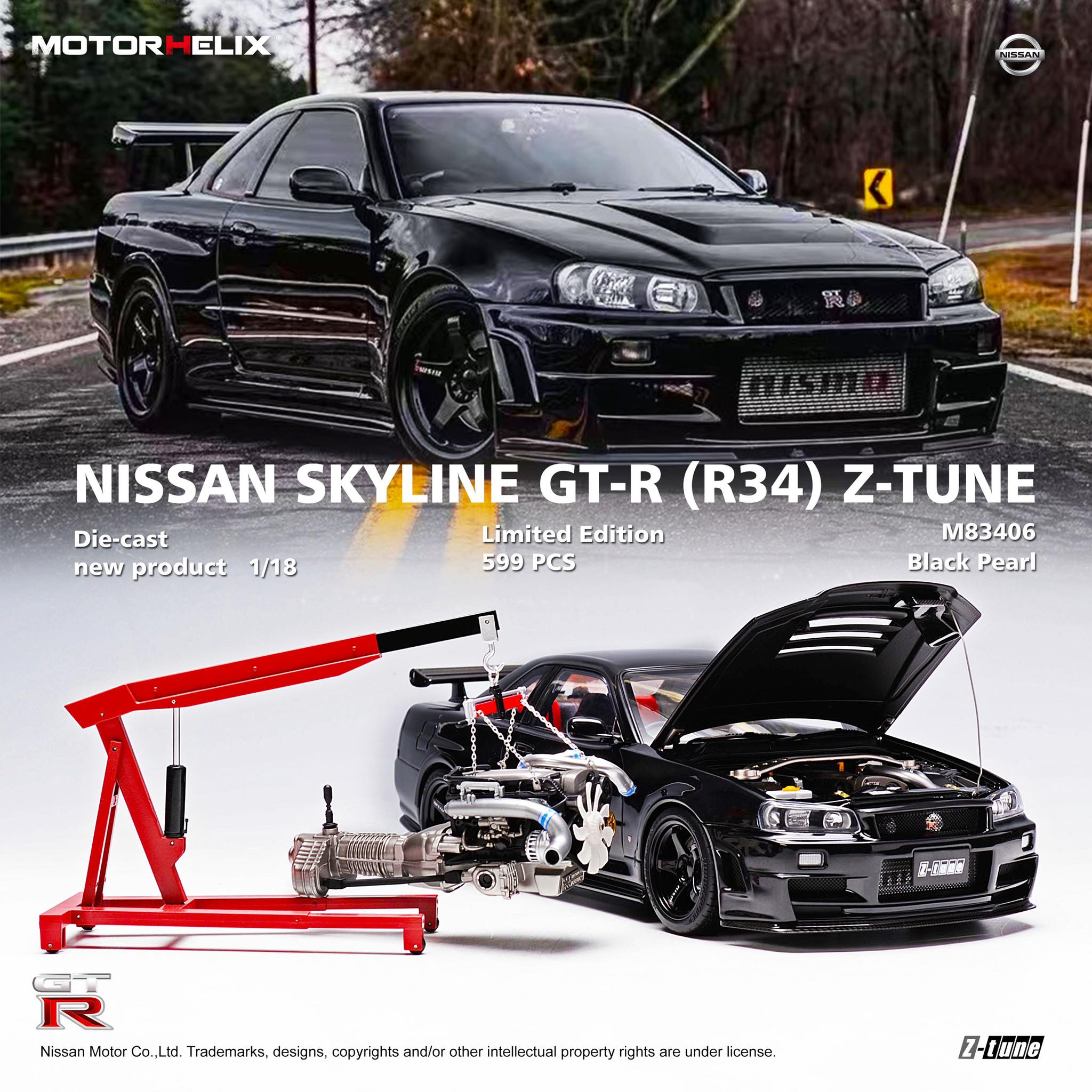 MotorHelix 1:18 Scale Nissan Skyline GT-R R34 Z-Tune Diecast Model Car - Black Pearl Finish | Collectible Display & Racing Enthusiast Gift