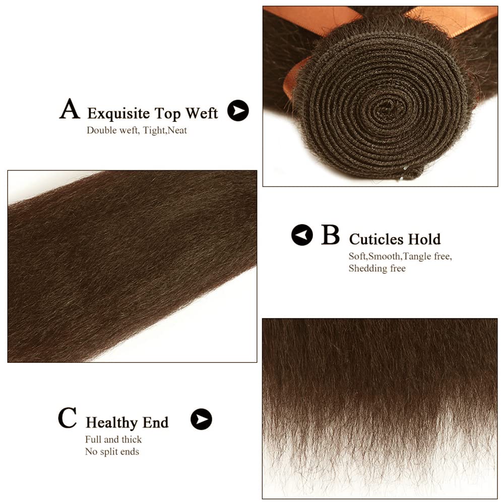 26 28 30 Inch Dark Brown Human Hair Bundles #4 Yaki Straight - Chocolate Brown Mixed Length 3 Bundles - Double Weft Human Hair Weave for Sew-in, Braiding & Natural Hairstyles