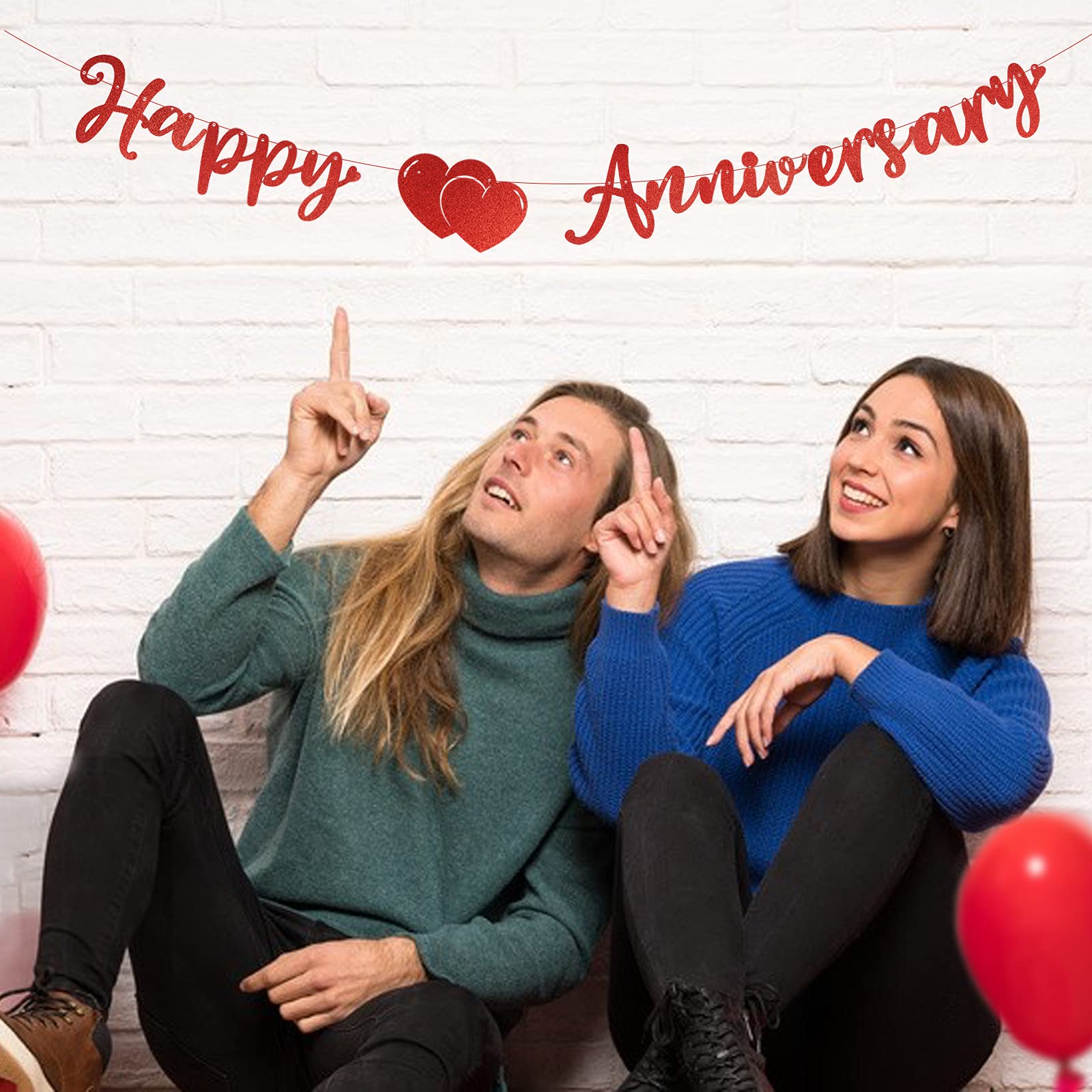 BETESSIN Happy Anniversary Banner - Glitter Paper Garland Bunting with Red Heart Photo Props for Wedding & Anniversary Decorations - Perfect for Party, Ceremony & Romantic Events - Red