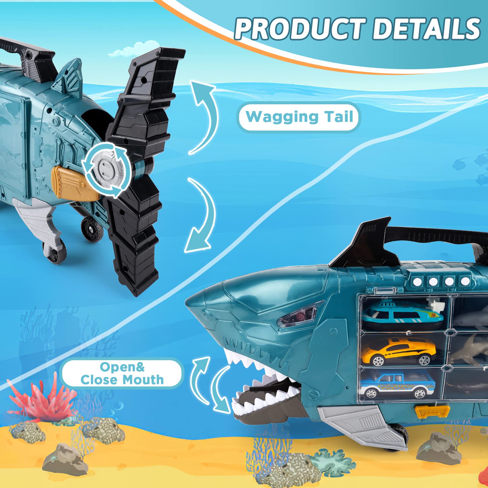 deAO Shark Truck Toy Set with 8 Animal Toys - Light & Sound Effects, Interactive Play Vehicle for Toddlers & Kids - Perfect Birthday Gift for Boys & Girls (Great for Pretend Play, Role-Playing & Learning Fun)