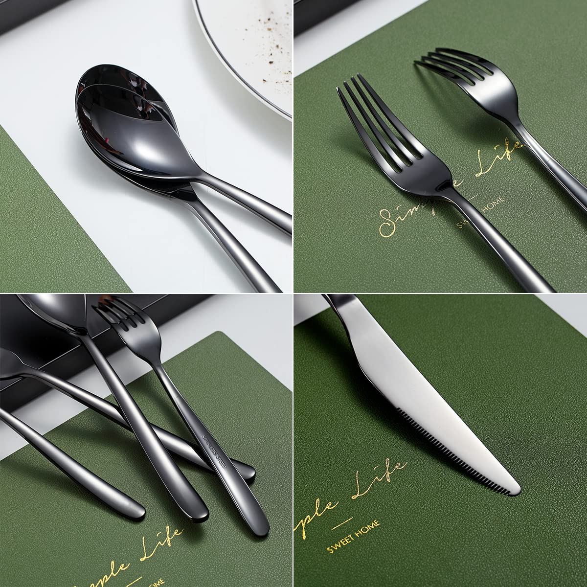 HOMQUEN 40-Piece Black Silverware Set for 8 - Premium Stainless Steel Flatware Cutlery Set with Forks, Spoons & Knives - Elegant Shiny Black Kitchen Utensils for Dining, Restaurants & Dinner Parties