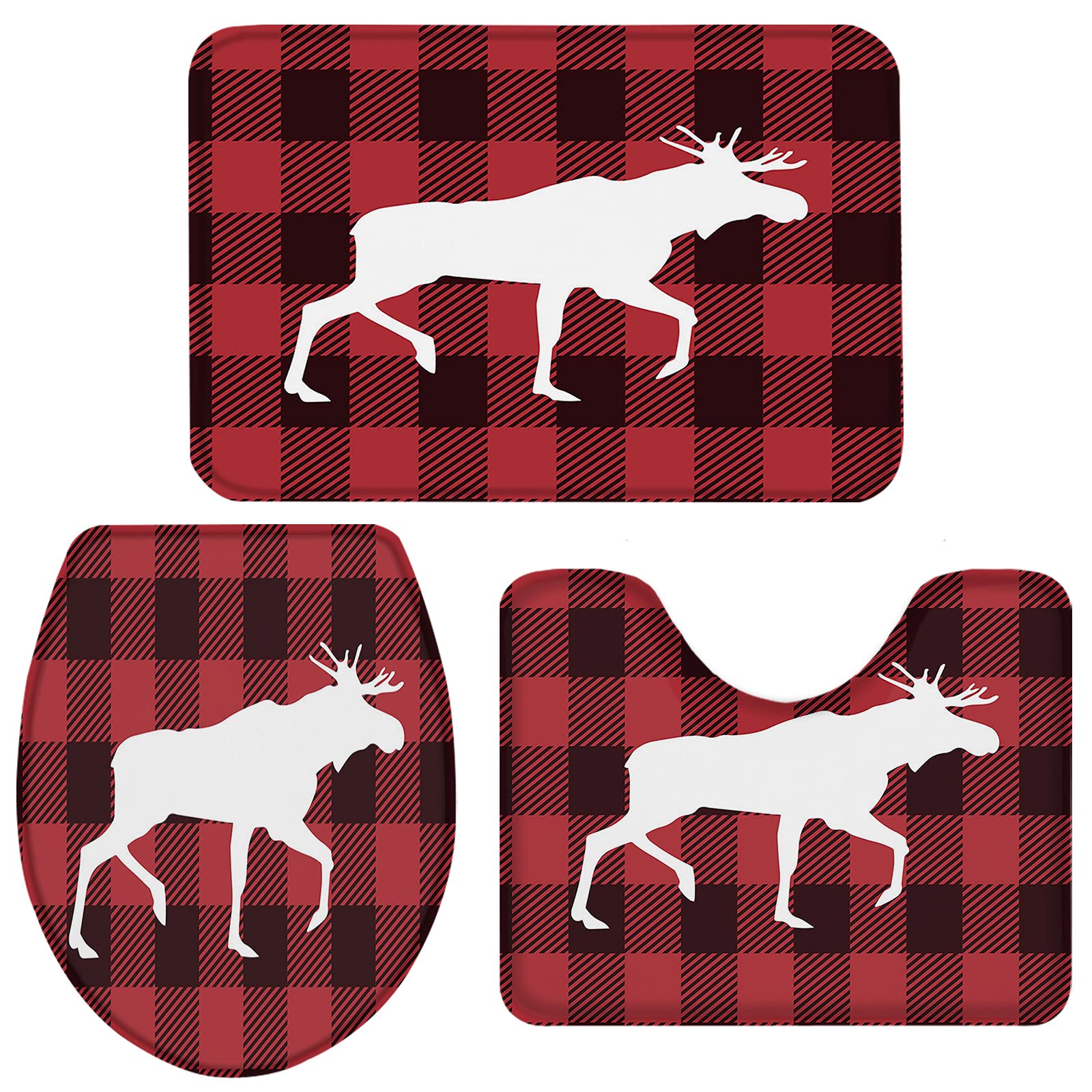 BRINGMEHOME 3-Piece Farmhouse Christmas Bath Rug Set - Non-Slip Toilet Seat Cover, Pedestal Mat & Contour Rug with Elk Red Plaid Print - Cozy Holiday Bathroom Decor for Winter Home & Guest Rooms