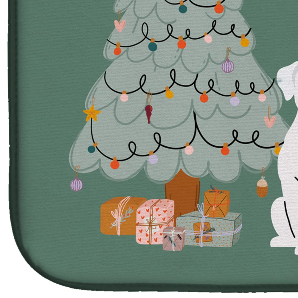 White Boxer Christmas Dish Drying Mat - Absorbent Kitchen Counter Pad (14x21
