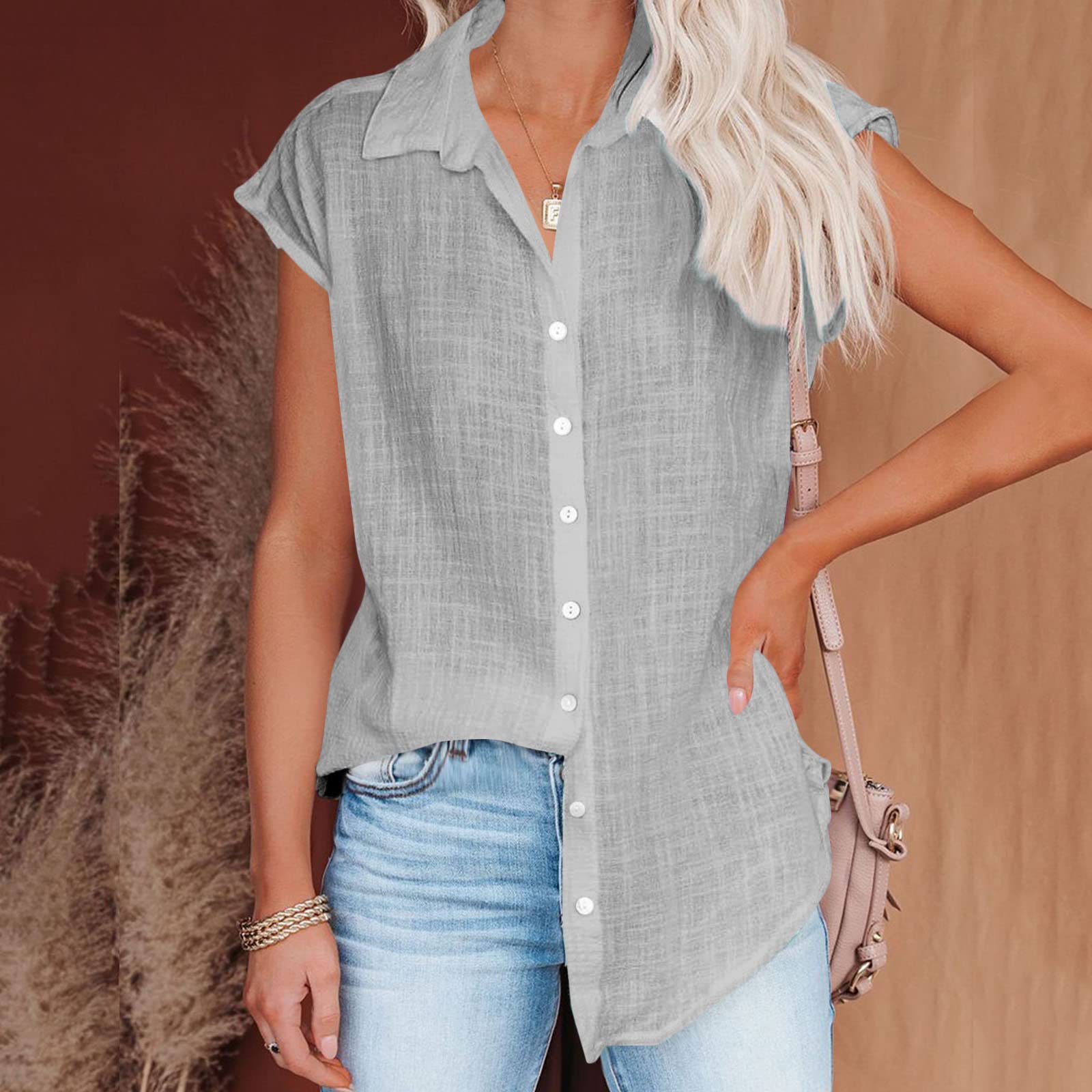 Trendy Women's Cotton Linen Short Sleeve Blouses - Loose Fit Casual & Dressy Tops for Summer 2024 - Perfect for Office, Beach & Weekend Outings