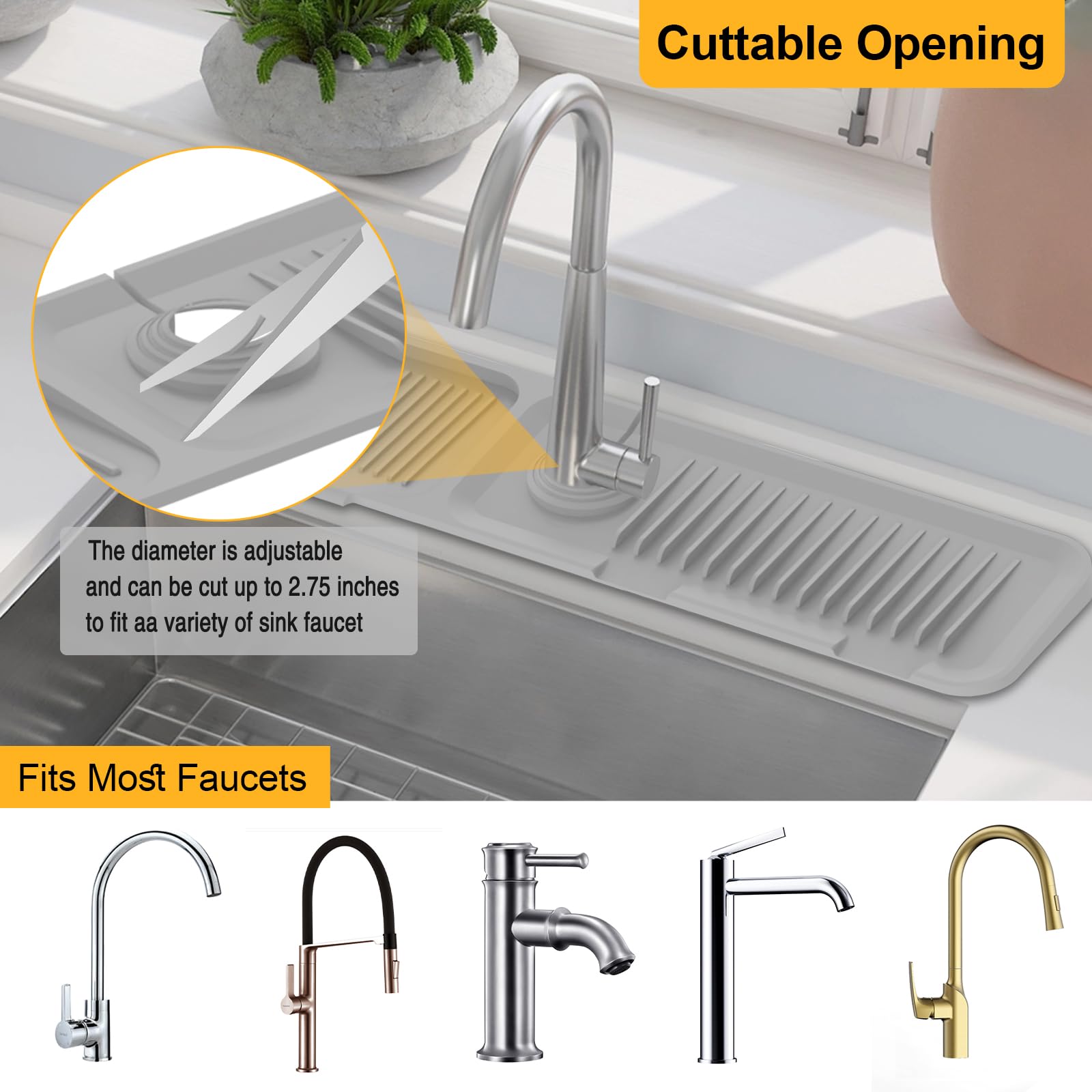 24 Inch Silicone Faucet Mat for Kitchen Sink - 5°Slope Fast Draining Splash Guard Behind Faucet, Non-Slip Sink Protector Mat for Kitchen & Bathroom (Gray) - Perfect for Countertop Protection & Water Splash Prevention