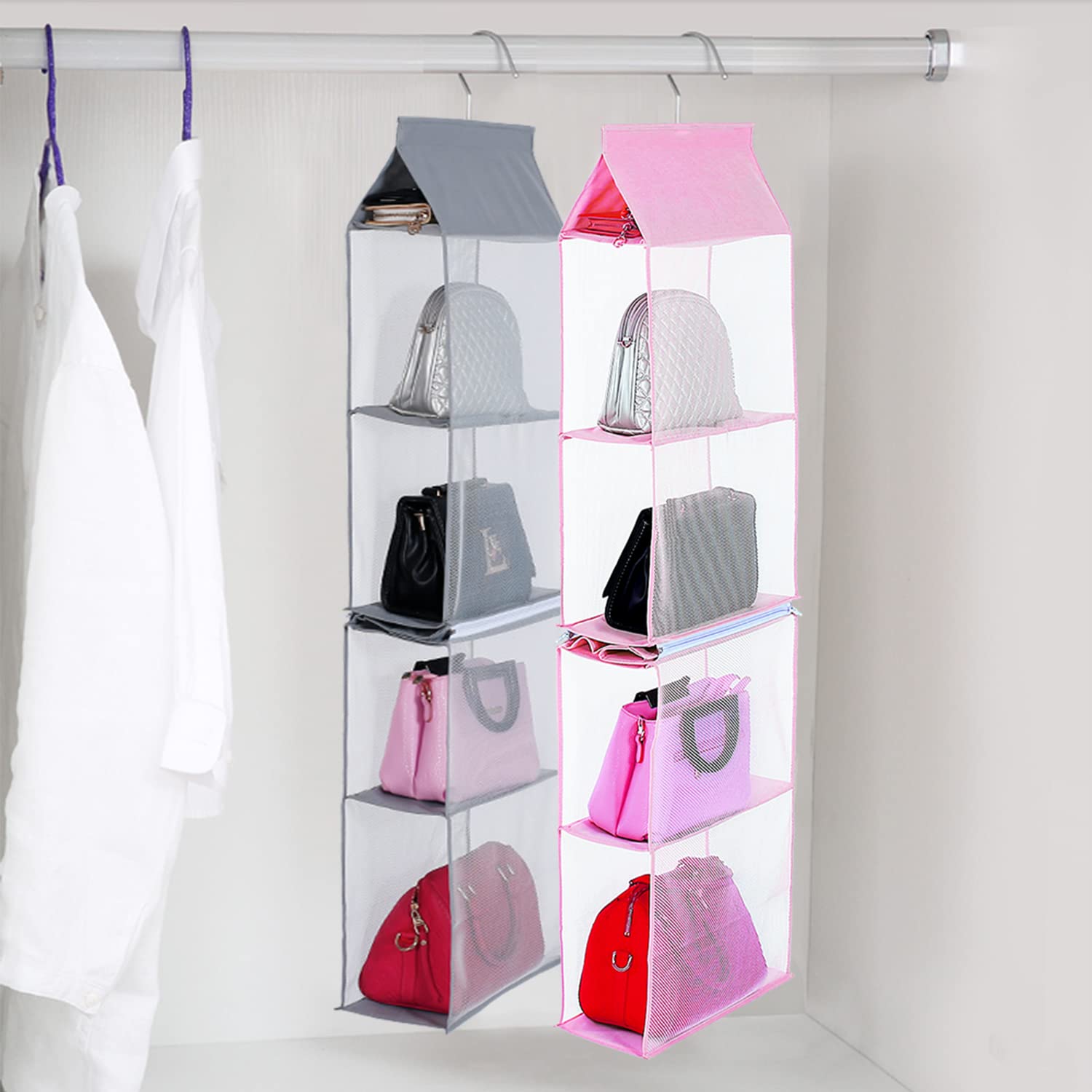 Keepjoy Hanging Handbag Organizer - 4-Tier Heavy Duty Mesh Purse Storage for Closet, Pink | Space-Saving Bag Holder for Women's Accessories, Perfect for Bedroom, Walk-In Closet & Dorm Organization