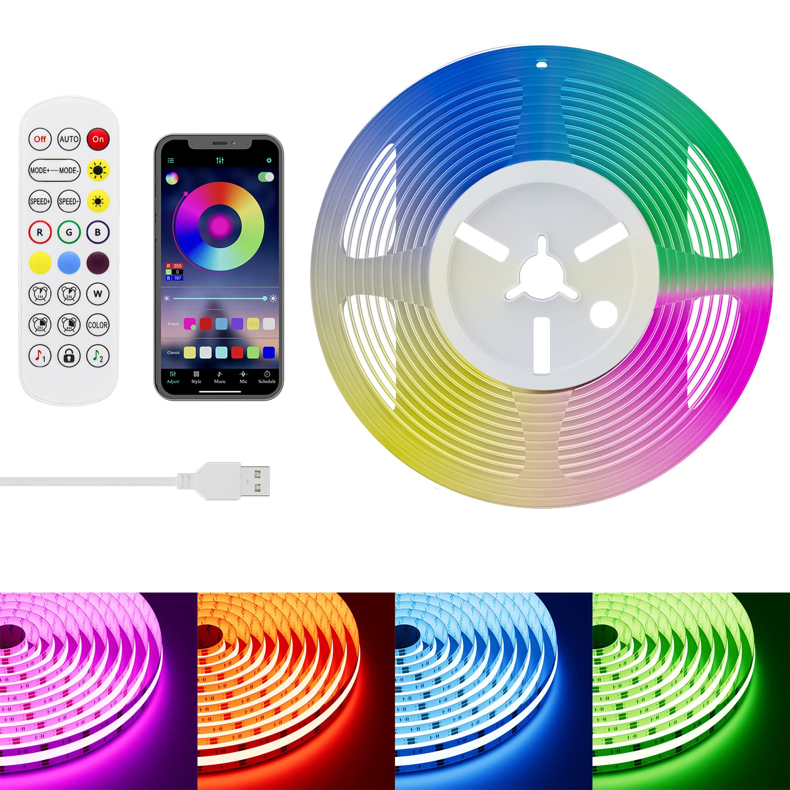 PAUTIX 5V USB COB RGB LED Strip Lights 4.92ft/1.5m - Color Changing Light Strips with Bluetooth Control, Flexible TV Backlight & Under Cabinet Lighting for Bedroom, Kitchen, Home DIY - Perfect for Mood Lighting, Gaming Setup, and Home Decor