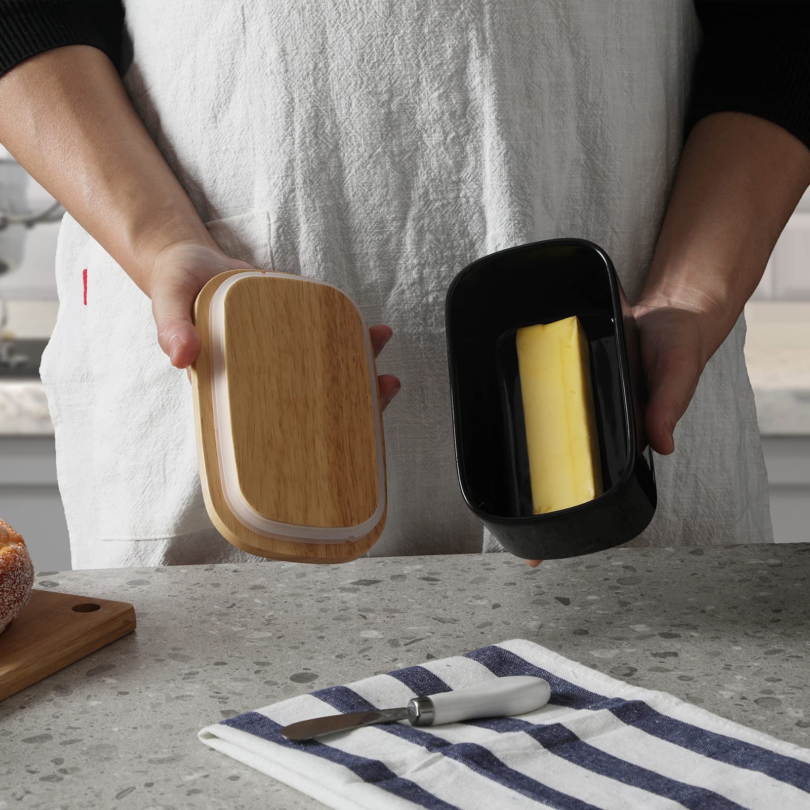 Premium Large Ceramic Butter Dish with Silicone Seal - Natural Wood Lid & Stainless Steel Butter Knife Included | Elegant Kitchen Decor & Practical Countertop Butter Keeper | Perfect Housewarming Gift & Wedding Present (Black) | Ideal for Breakfast Bars, Coffee Stations & Farmhouse-Style Kitchens