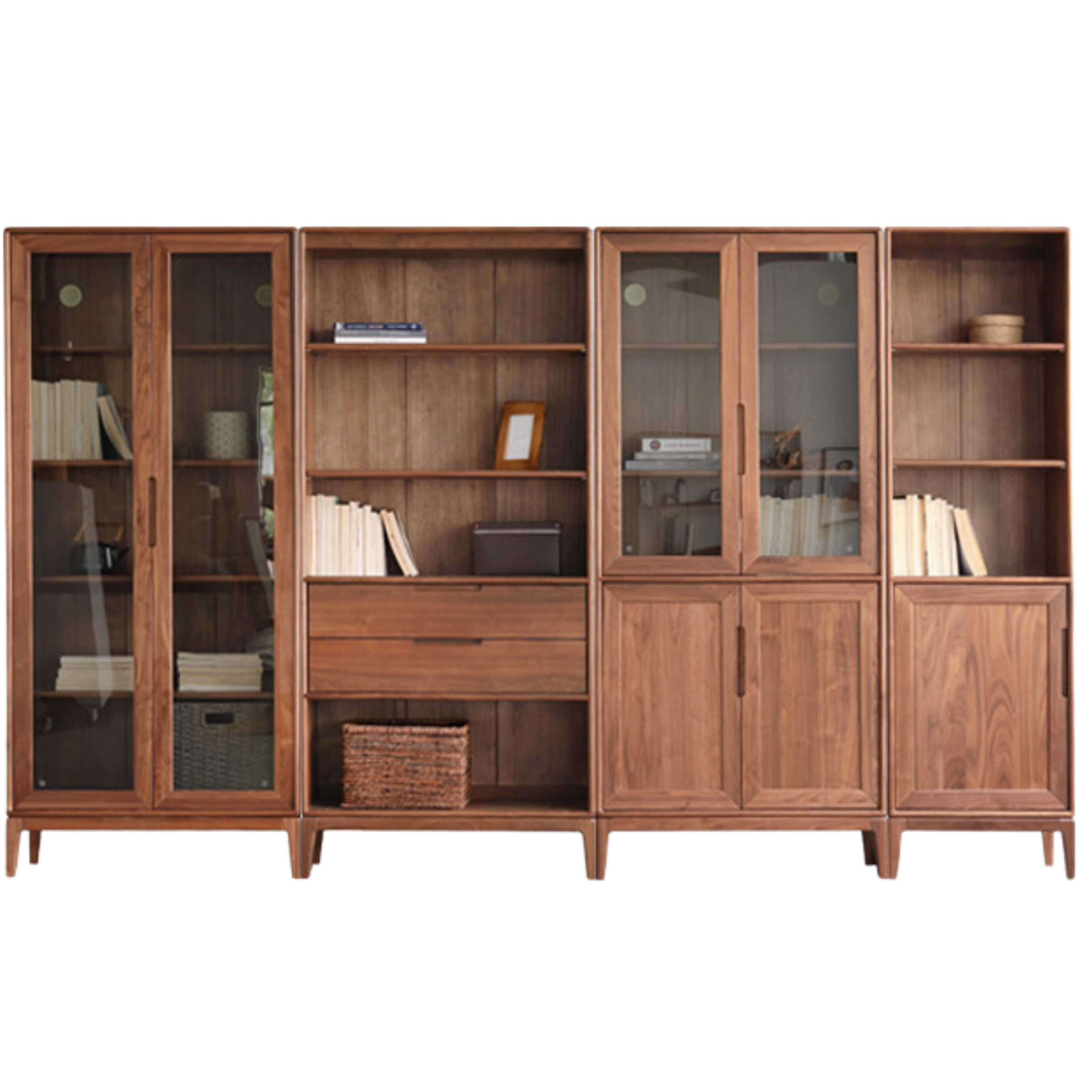 Premium Black Walnut & Ash Solid Wood Bookcase with Dust-Proof Glass Doors - Stylish Home Office & Living Room Storage Solution