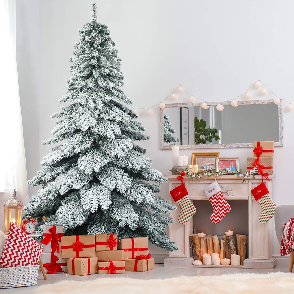 GOFLAME 7.5ft Snow Flocked Artificial Christmas Tree with Metal Stand - Realistic Hinged Fir Tree | 100% PVC Material | Easy Setup for Holiday Decor | Perfect for Living Room, Office & Christmas Party Decorations