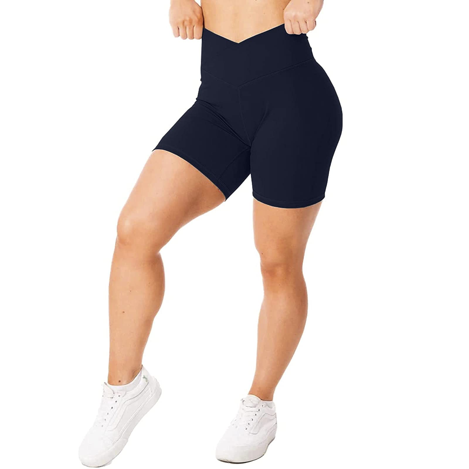 Women's High Waisted Biker Shorts - Tummy Control Yoga Running Workout Shorts with Cross Waist Design | No Pocket Option | Navy Blue XXL | Perfect for Gym, Cycling & Lounge Wear