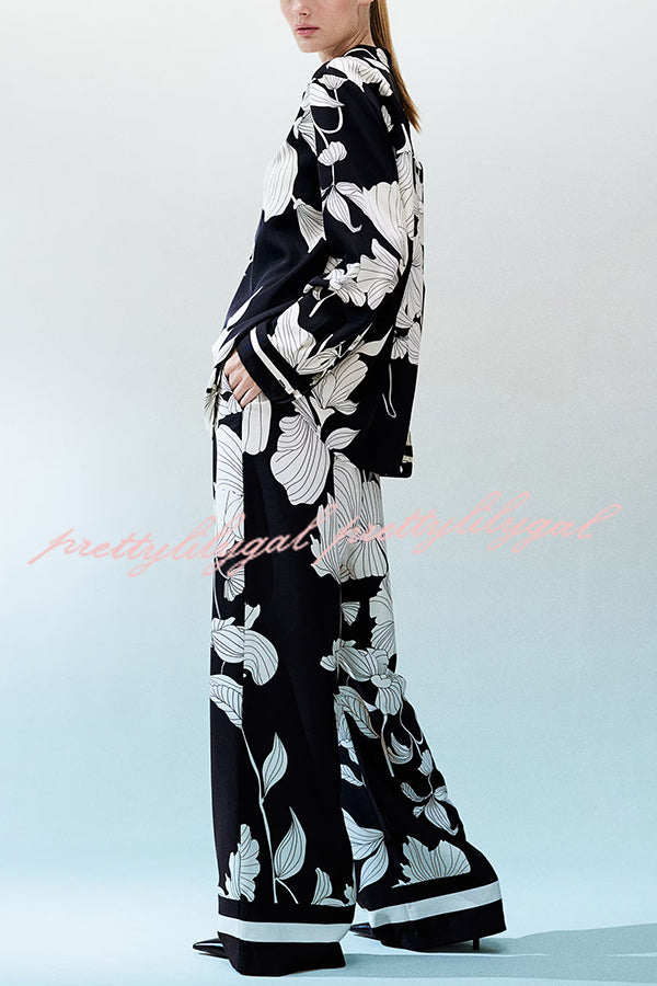 Stylish Printed Lapel Long Sleeve Blouse with Elastic Waist Casual Pants Set - Women's Loose Fit Wide Leg Trousers & Pocket Details for Office, Travel and Everyday Wear