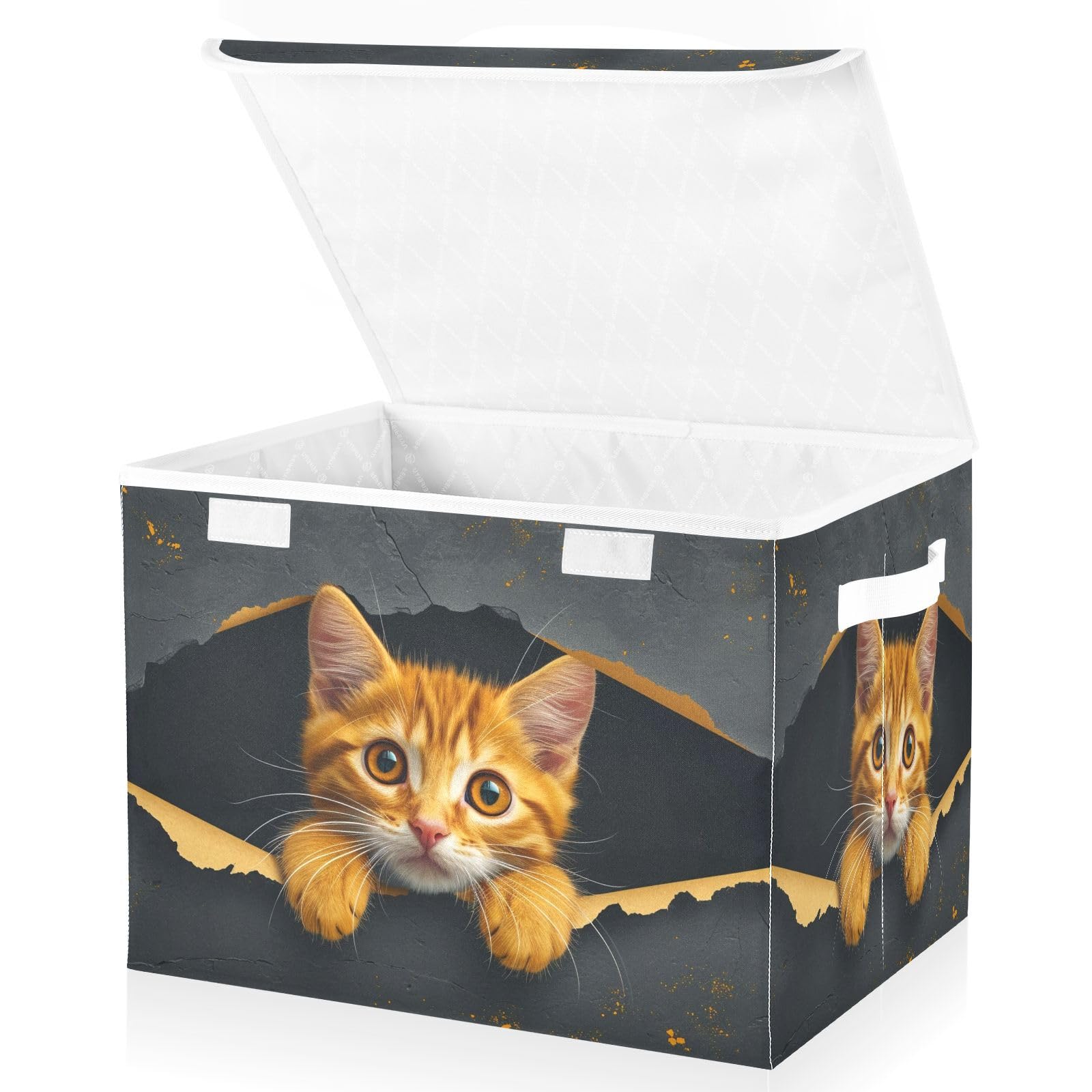 Senya Collapsible Storage Bins with Lids - Foldable Orange Cat-Themed Organizing Baskets for Clothes, Toys & Home Organization | Space-Saving Storage Solution for Bedroom, Closet & Laundry Room