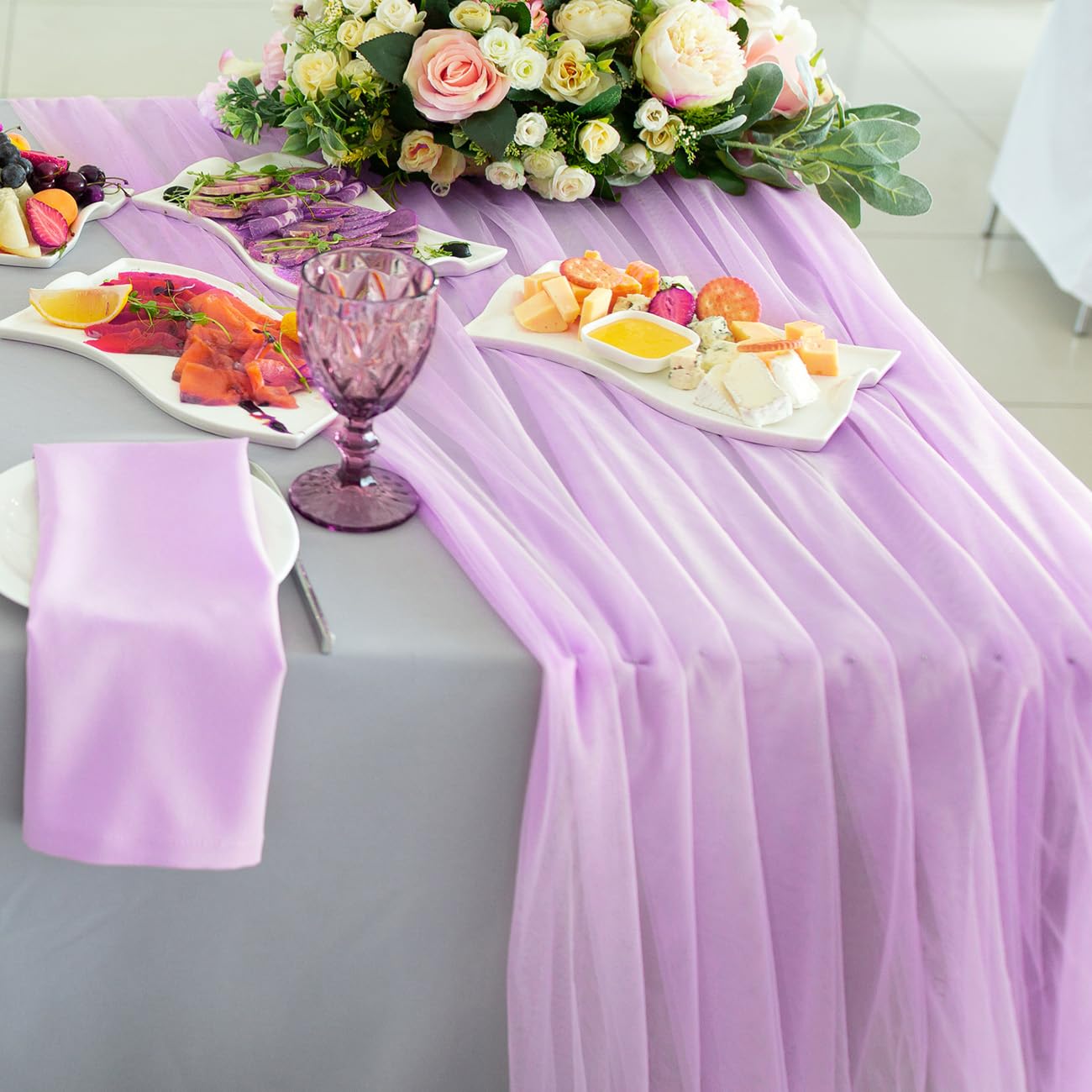 32ft Sheer Organza Table Runner - Elegant Scarf Swags & Gauze Valance for Rustic Wedding Arch Drapes, Bridal Shower Decorations - Lavender | Perfect for Wedding Backdrops, Party Decor & Home Accents