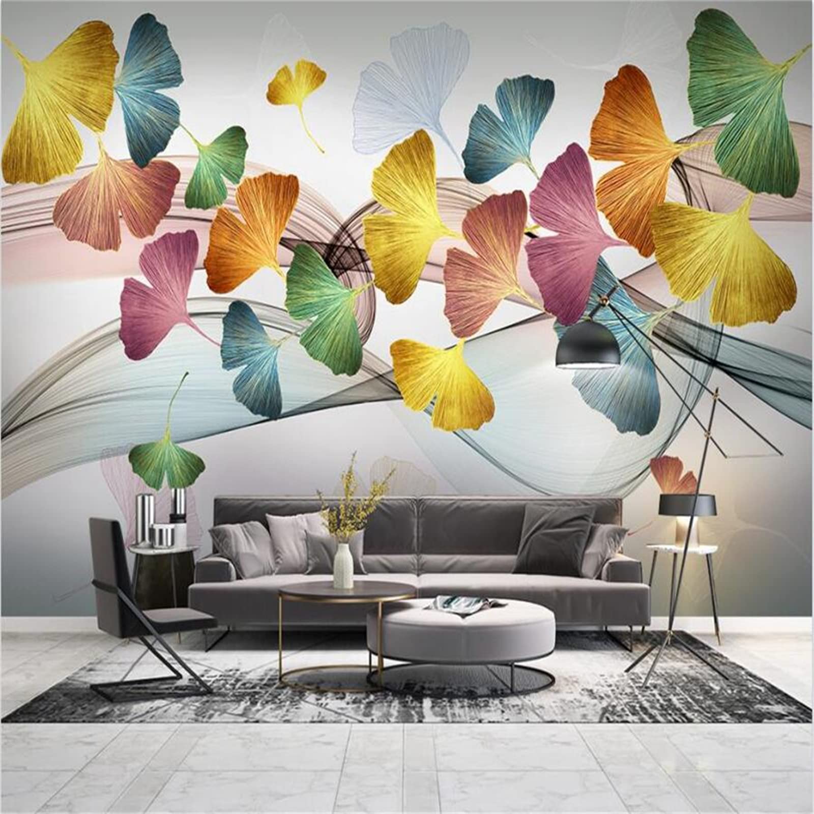Hand-Painted Colorful Ginkgo Leaf Wall Mural - Modern Minimalist Botanical Wallpaper - Waterproof & Fade-Resistant Peel & Stick Wall Decals (118