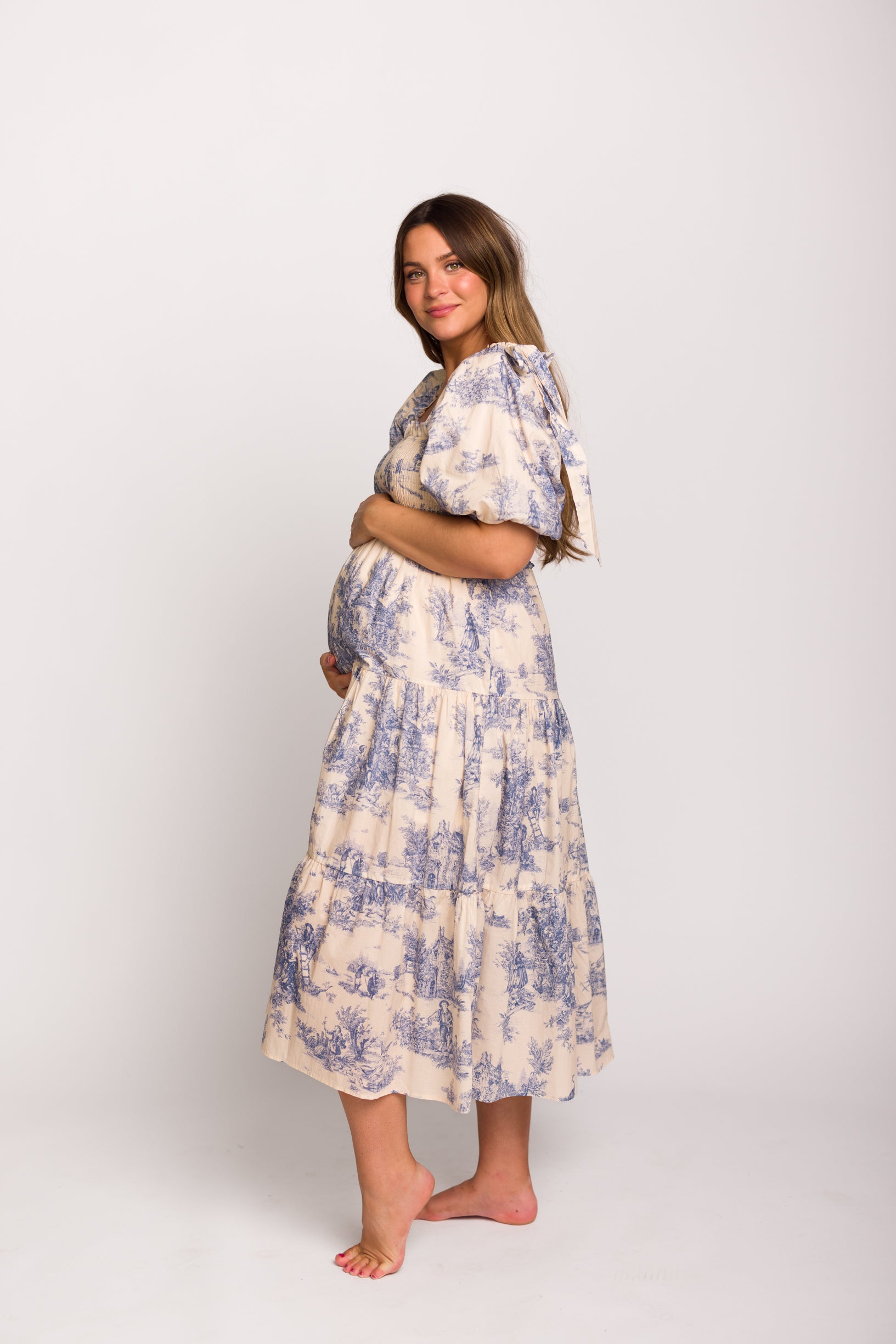 Elena 100% Cotton Toile Print Smocked Midi Dress in Blue - Bump Friendly Maternity Dress for Pregnancy, Nursing & Special Occasions | Perfect for Baby Showers, Brunch Dates & Summer Outings