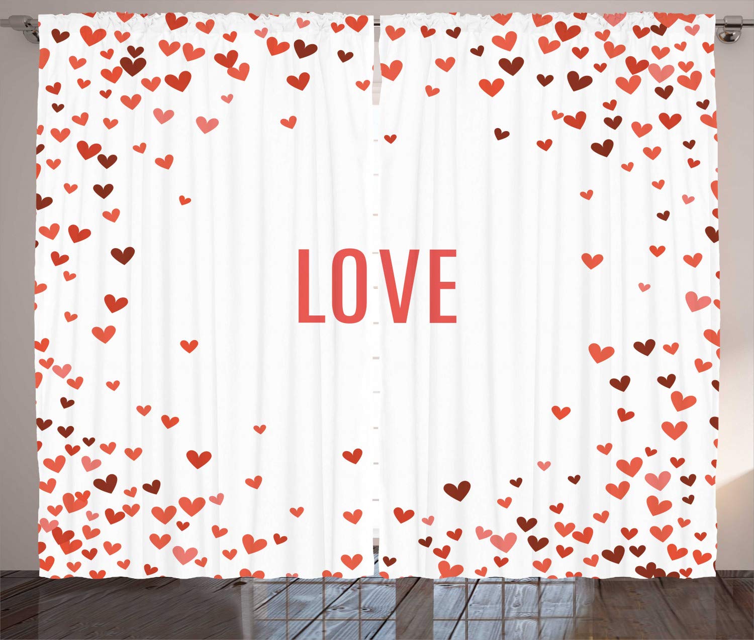 Ambesonne Romantic Love Heart Curtains - Abstract Amour Design with Burgundy Red & White Hearts - 2 Panel Set for Living Room & Bedroom (108