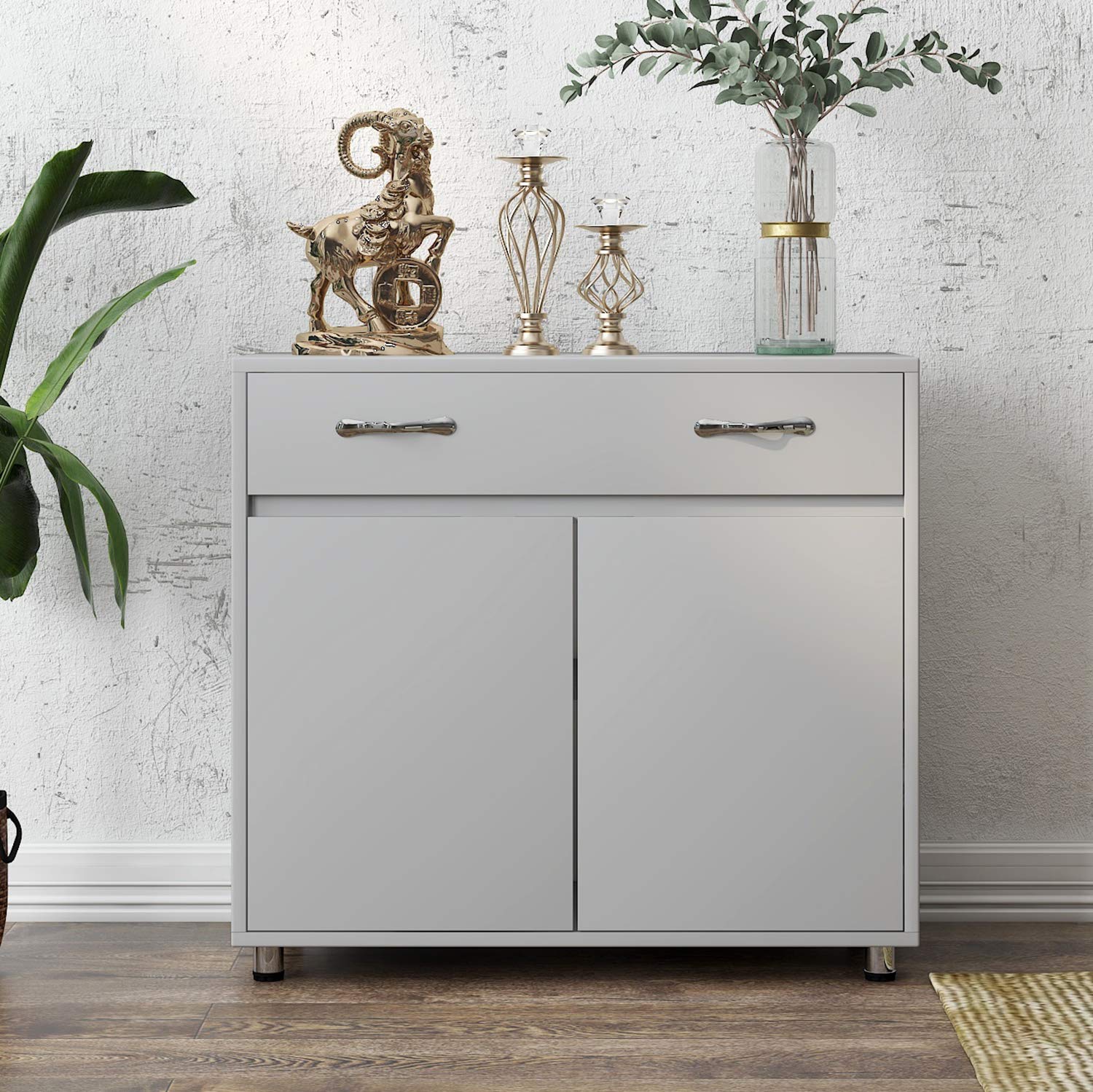 RASOO Grey Buffet Cabinet with 2 Doors & 1 Drawer - Kitchen Storage Sideboard Cupboard for Dining Room, Living Room, and Home Organization - Perfect for Entertaining Guests and Storing Dishes