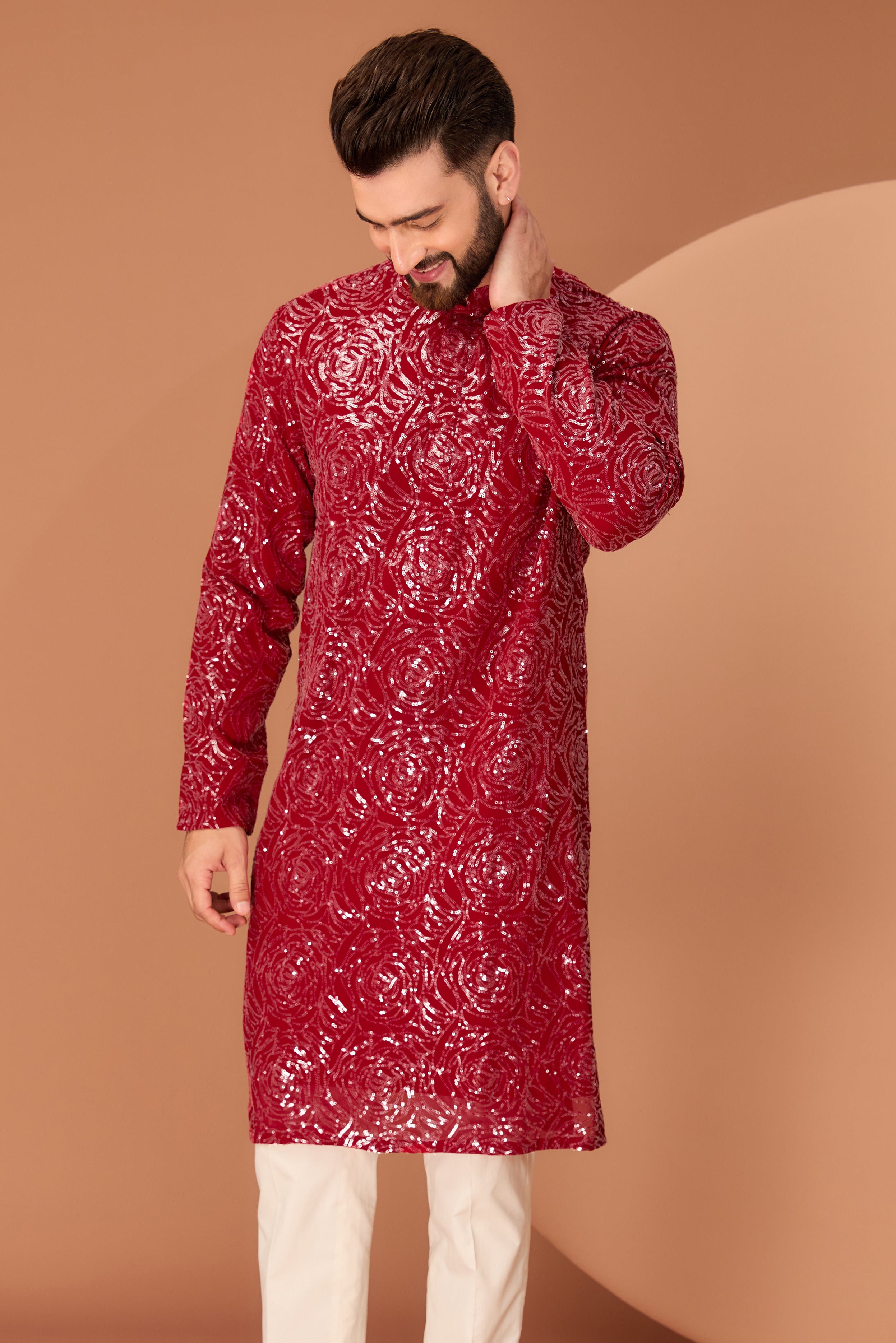 Elegant Red Fully Sequined Kurta with Floral Embroidery - Perfect for Festivals, Weddings, and Special Occasions