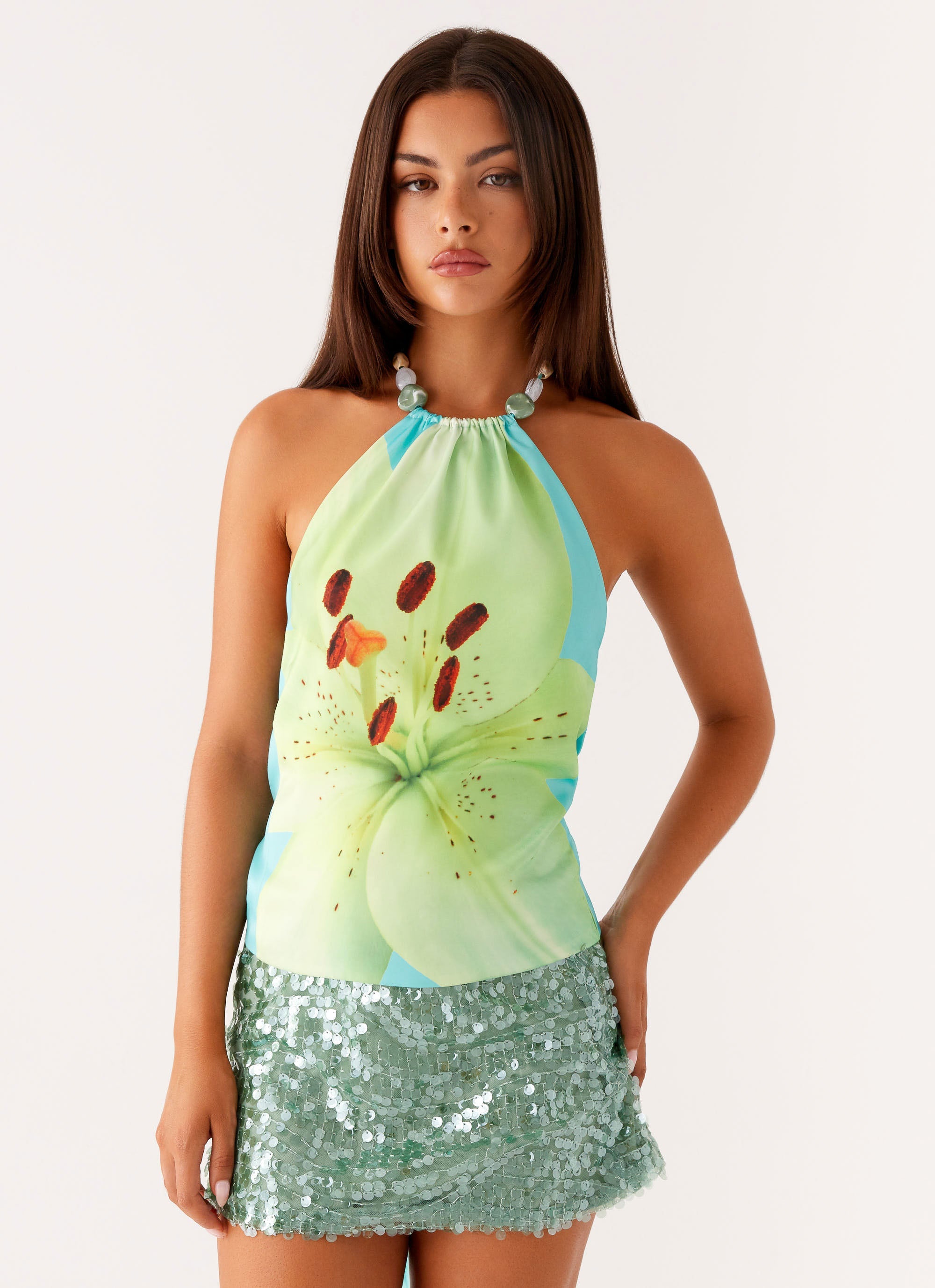 Dalila Beaded Tie Back Top - Turquoise Floral Print Women's Blouse for Summer & Boho Style | Perfect for Beach, Vacation & Casual Outings