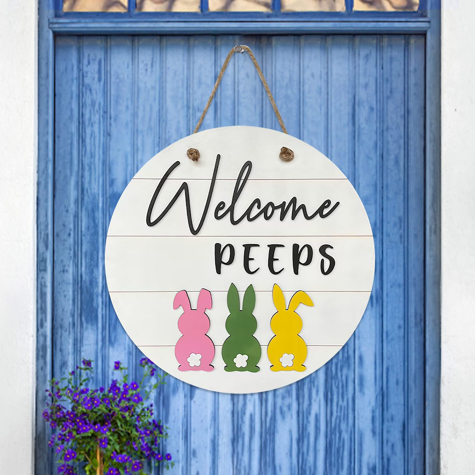 Plowerme Easter Wooden Hanging Sign - Bunny Rabbit Welcome Door Decoration - Rustic Easter Wood Wreath for Spring Holiday Home Decor - Perfect for Front Door, Porch & Indoor Easter Decorations