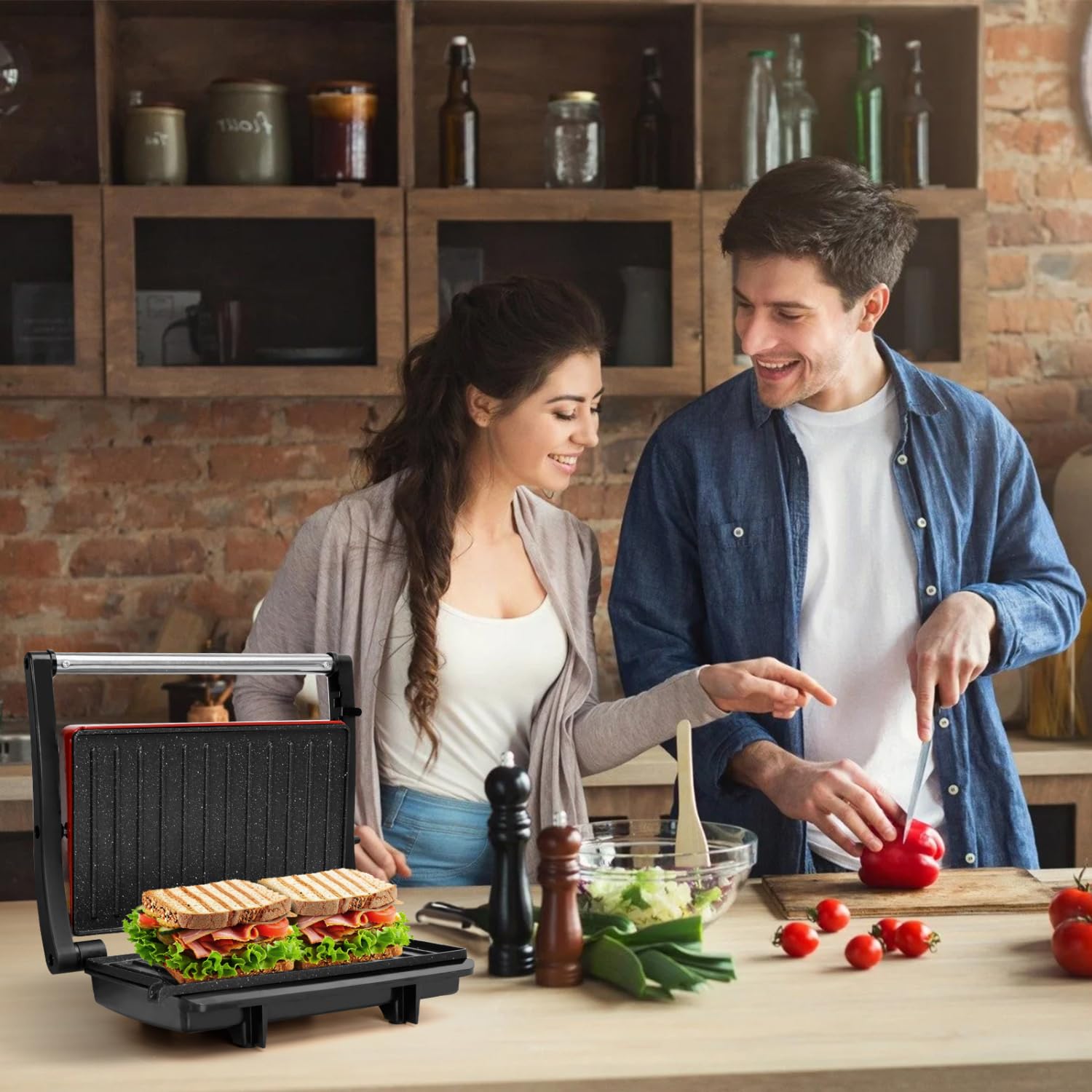 Aigostar 1000W Electric Panini Press Grill - 3-in-1 Sandwich Maker with Ceramic Non-Stick Plates, 180° Adjustable Lid for Any Size Food, Drip Tray & Locking Handle (Red) | Perfect for Home, Office & Restaurant Use - Make Paninis, Sandwiches, Quesadillas & More