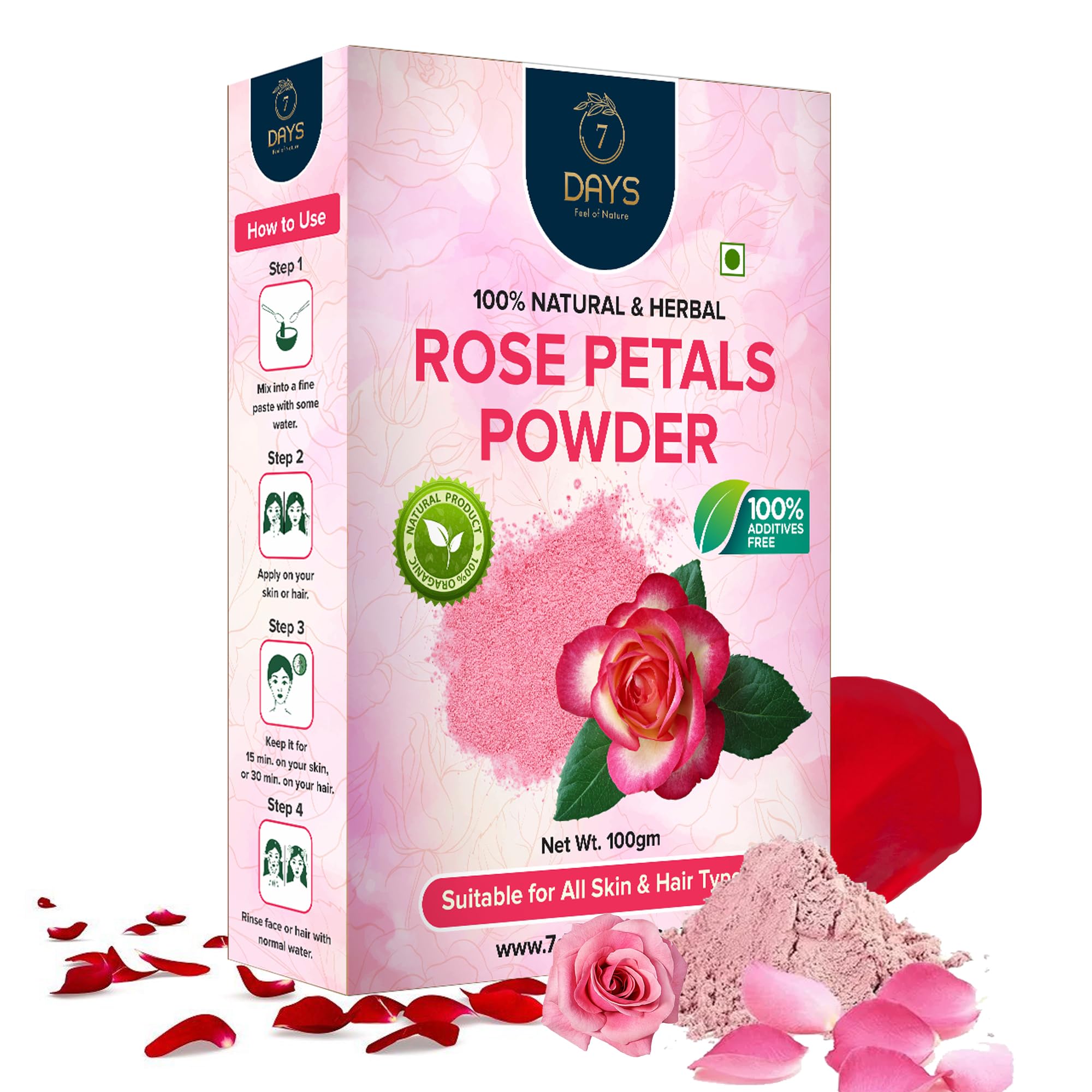 7 DAYS Pure & Natural Rose Petal Powder for Face & Skin Care - 100g Organic Face Mask for Tan Removal & Glowing Complexion | DIY Facial Treatment for Brightening & Hydration