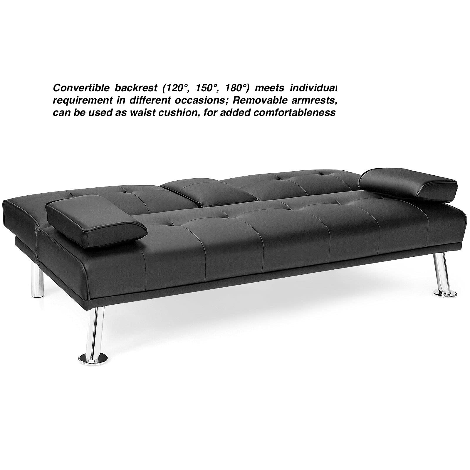 Convertible PU Leather Futon Sofa Bed - 3 in 1 Design with Adjustable Backrest, Metal Legs & Cup Holders | Perfect for Small Spaces, Guest Rooms & Home Offices | Black Modern Sleeper Sofa for Apartments & Dorms