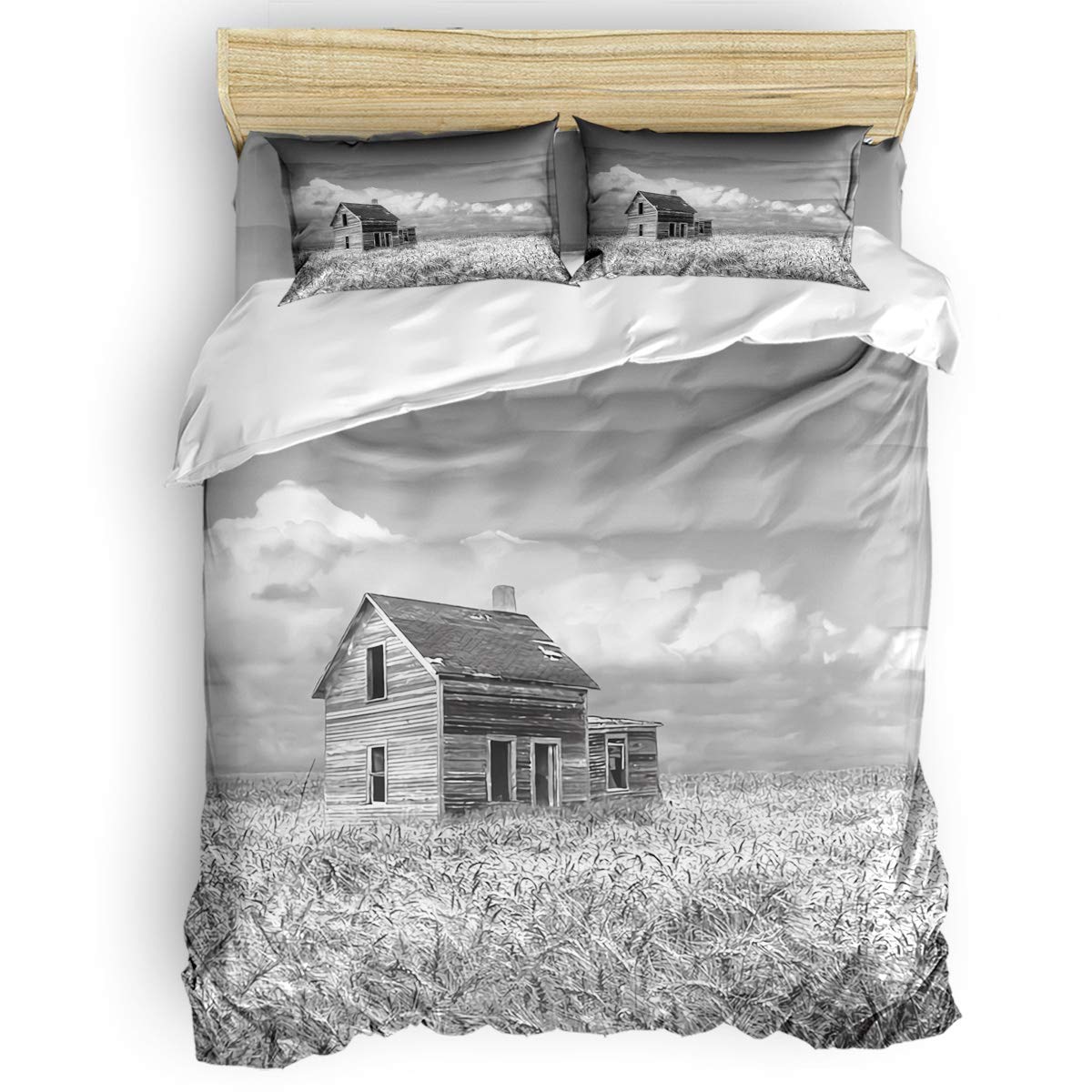 King Size 4-Piece Bedding Set - Grey Farmhouse Printed Bed Sheets, Duvet Cover, Flat Sheet & Pillowcases for Adults, Teens, Kids & Nursery | American Countryside Retro Cabin Style | Perfect for Master Bedroom, Guest Room & Vacation Homes