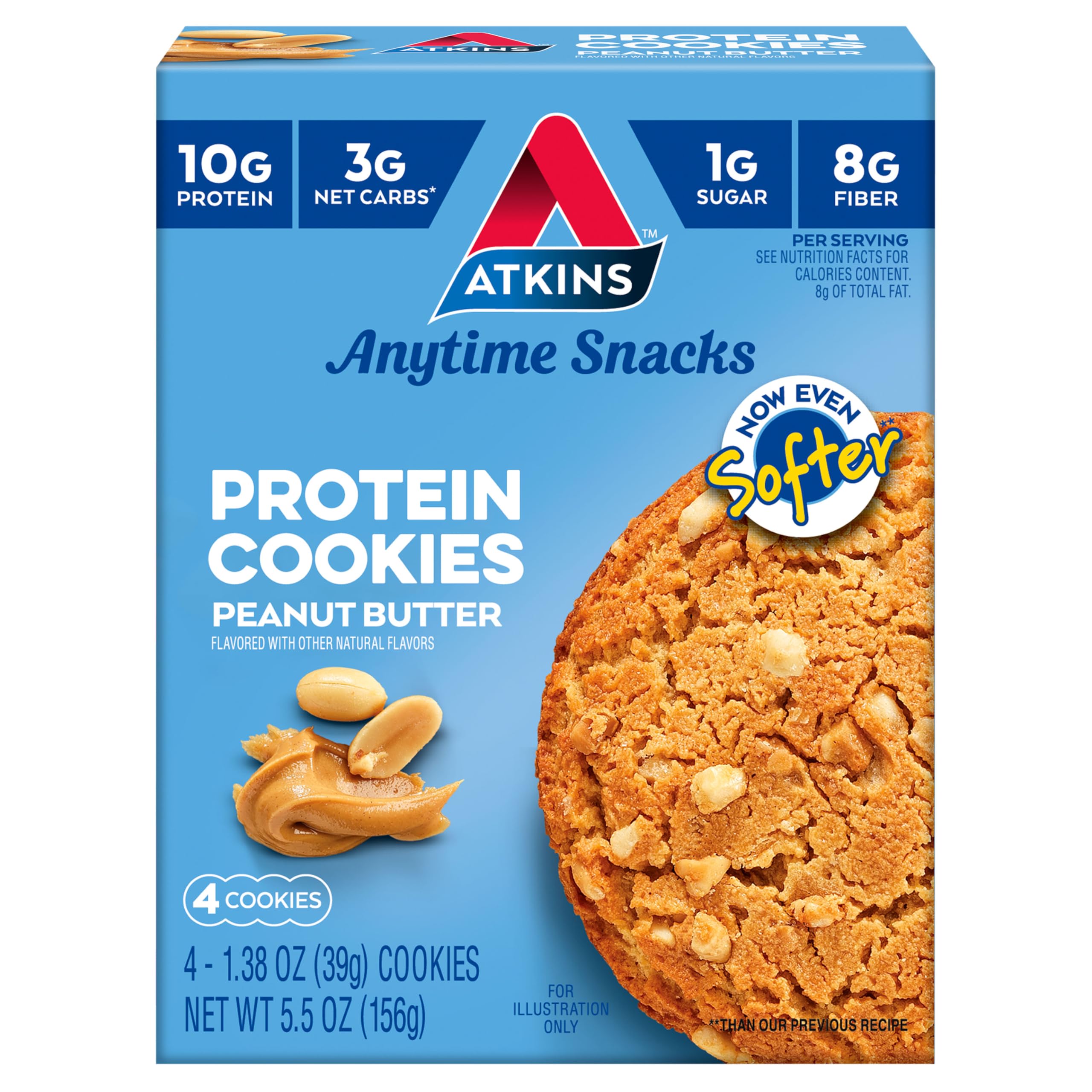 Atkins Peanut Butter Protein Cookies - Low Carb Keto Friendly Snack, High Protein Dessert with 3g Net Carbs & 1g Sugar, Gluten Free Fiber Rich Treat (4 Pack) - Perfect for On-the-Go Energy, Post-Workout Recovery & Healthy Weight Management